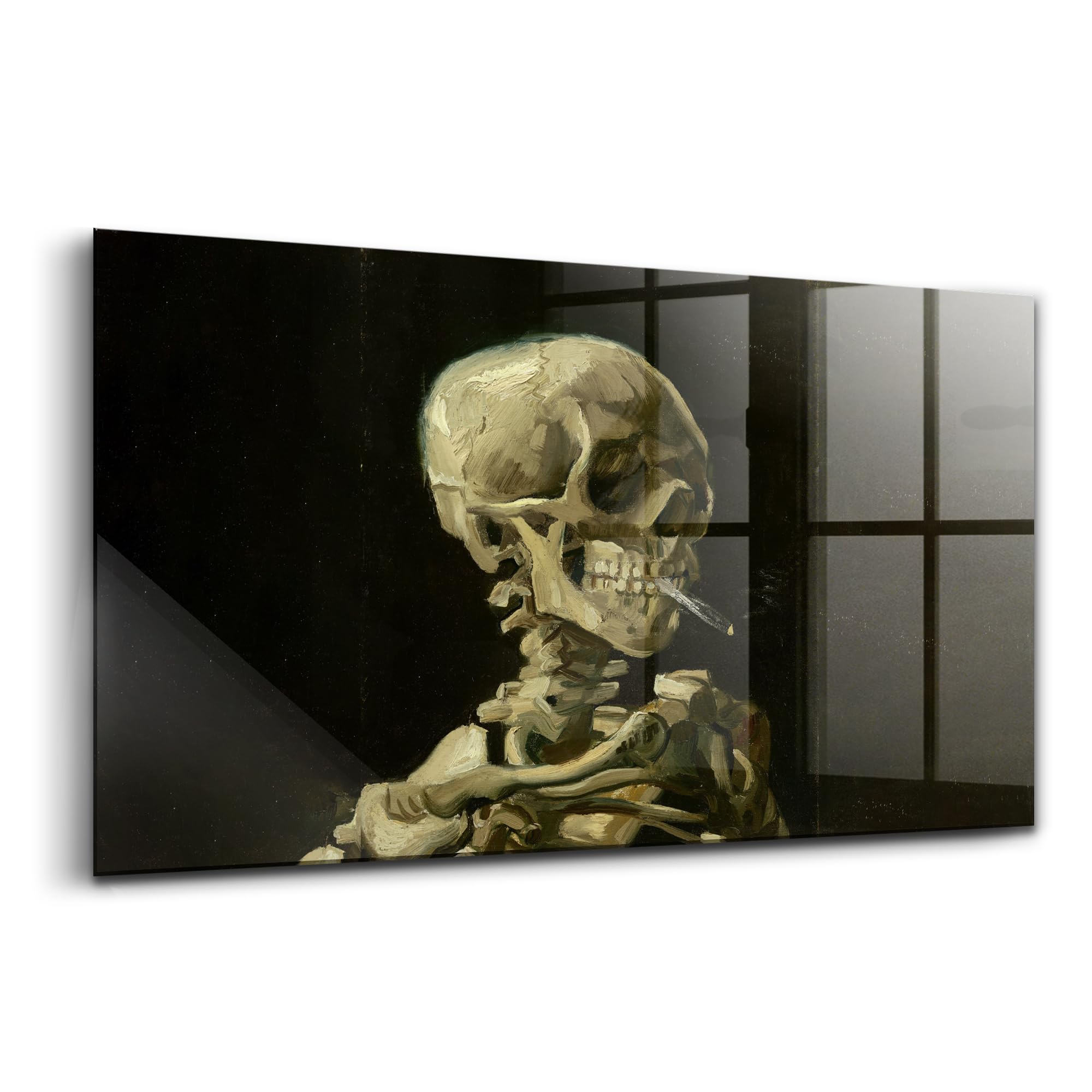Squelette d'anatomie avec une cigarette tableau verre durable 140x70