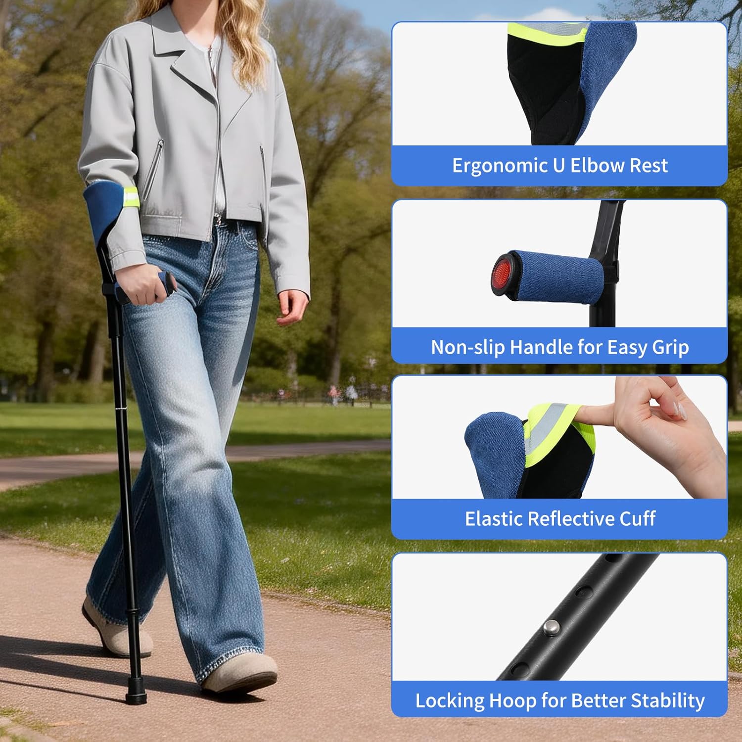 Ergonomic Forearm Crutches for Adults, Height Adjustable & Foldable Walking Crutches with Anti-Slip Base & Cuffs, Lightweight Mobility Aid for Travel