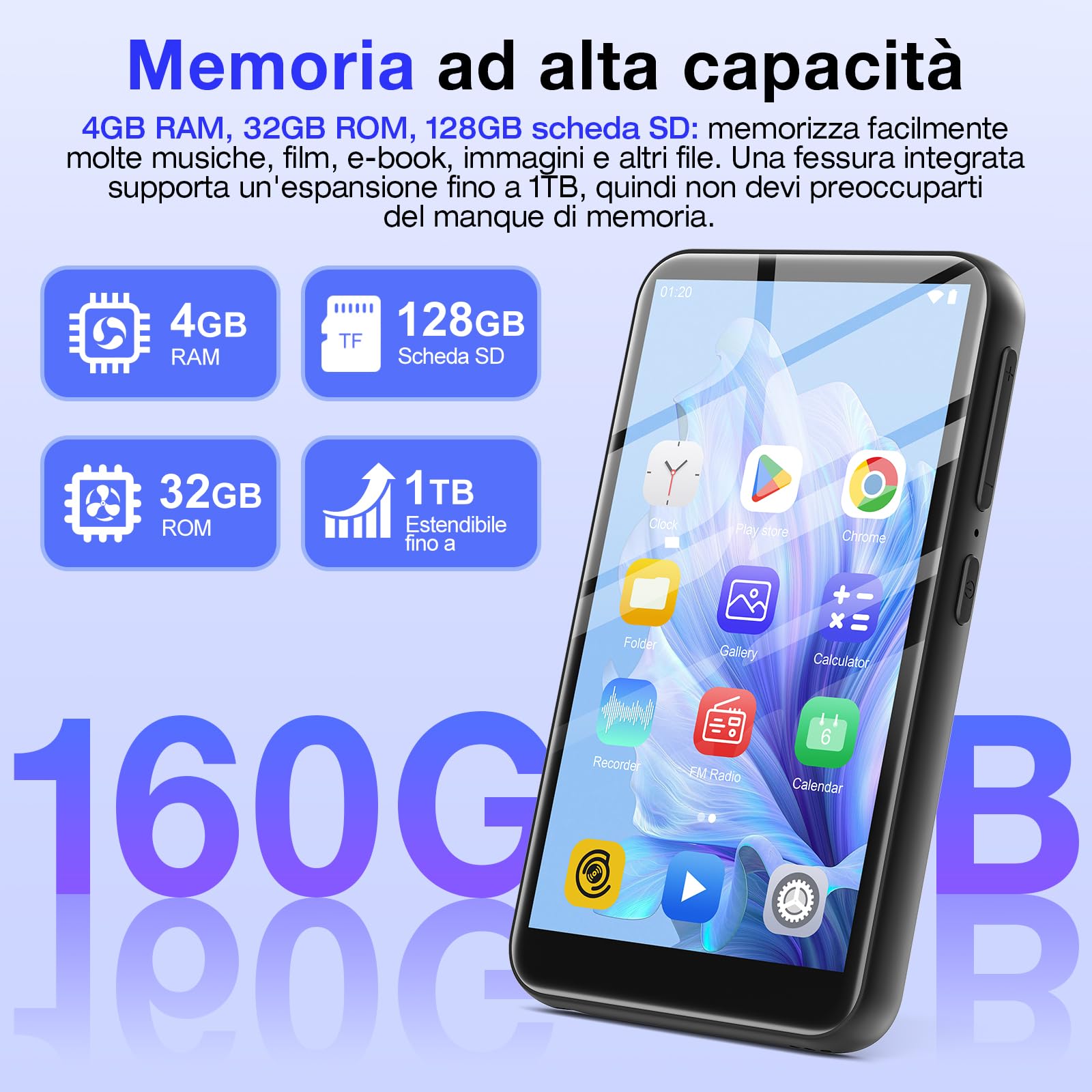 160 GB Reproductor MP3 con Spotify, Bluetooth y Wi‑Fi, MP3 Player Android 13, Reproductor MP4 Amazon Music, Reproductor MP3/MP4 para niños, Pantalla táctil HD de 4,02 Pulgadas, Audible, Play Store