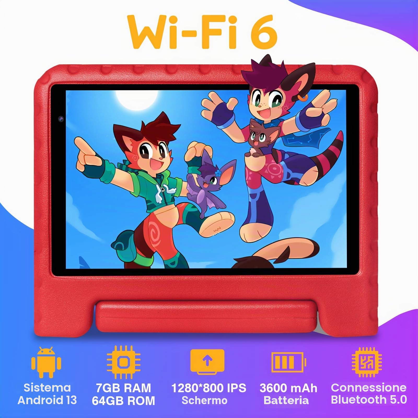 Tablet per bambini da 8 pollici, Android, 7 GB di RAM + 64 GB di ROM (1 TB TF), Wi-Fi 6, controllo parentale, schermo HD 1280×800, tablet per bambini con custodia antiurto in EVA, rossu