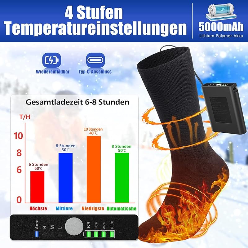 LOTTBUTY Fűthető Zokni 5000mAh Akkumulátorral, 4 Hőfokozatú Elektromos Melegítő Zokni Férfi Női Téli Outdoor Túrázás