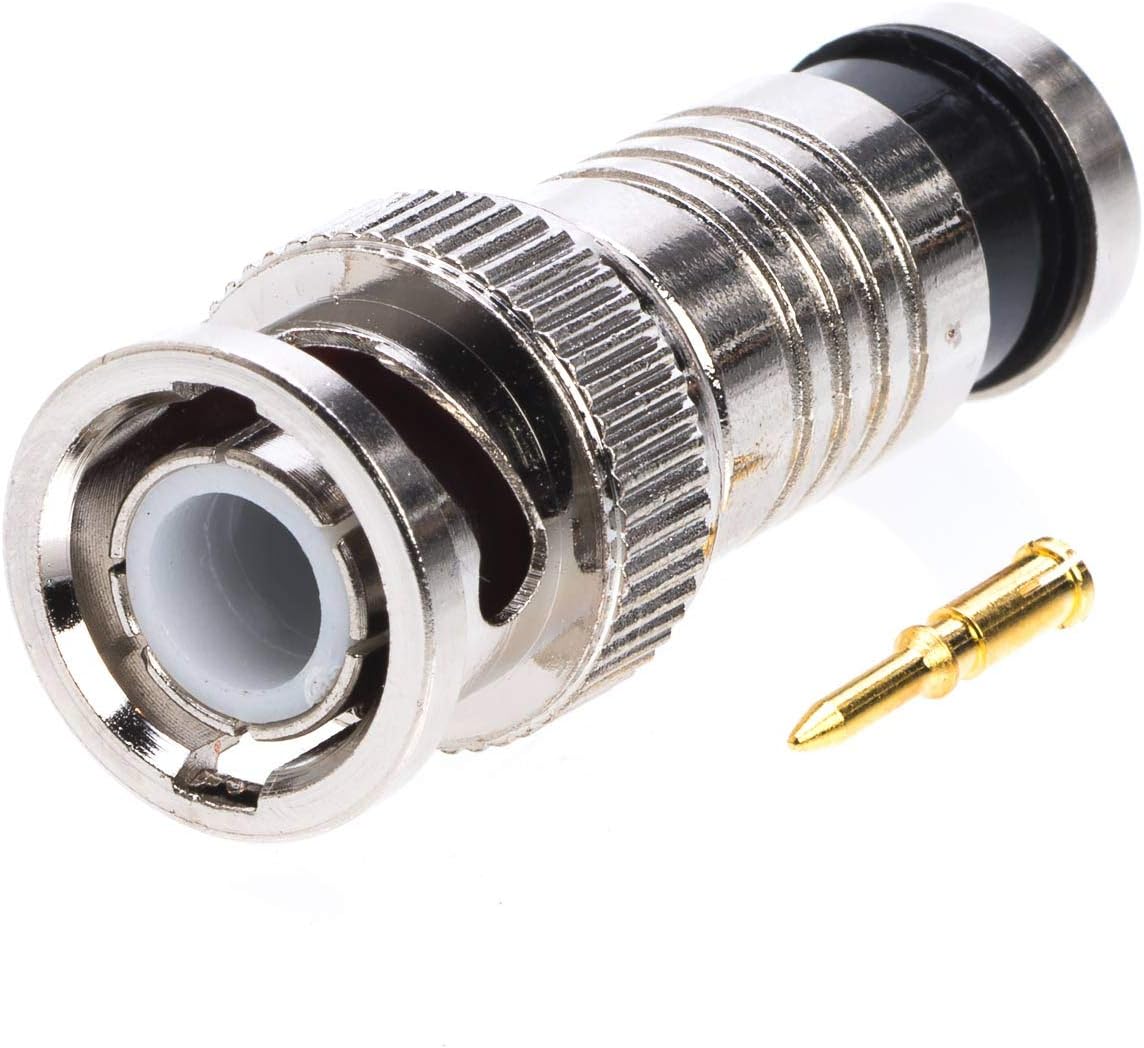 BNC RG59 Male Compression Coax Connector for CCTV Security Camera DVR Systems, All-Metal Construction with Anti-Corrosion Nickel-Plated Finish, 2-Piece Design for Superior RF Integrity (100)