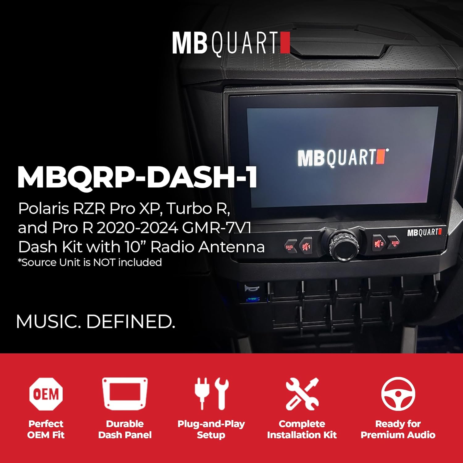 MB Quart Dash Kit with GMR-7V1 Source Unit Mount, Wiring Harness, and AUX Panel for 2020-2024 Polaris RZR Pro XP, Turbo R & Pro R