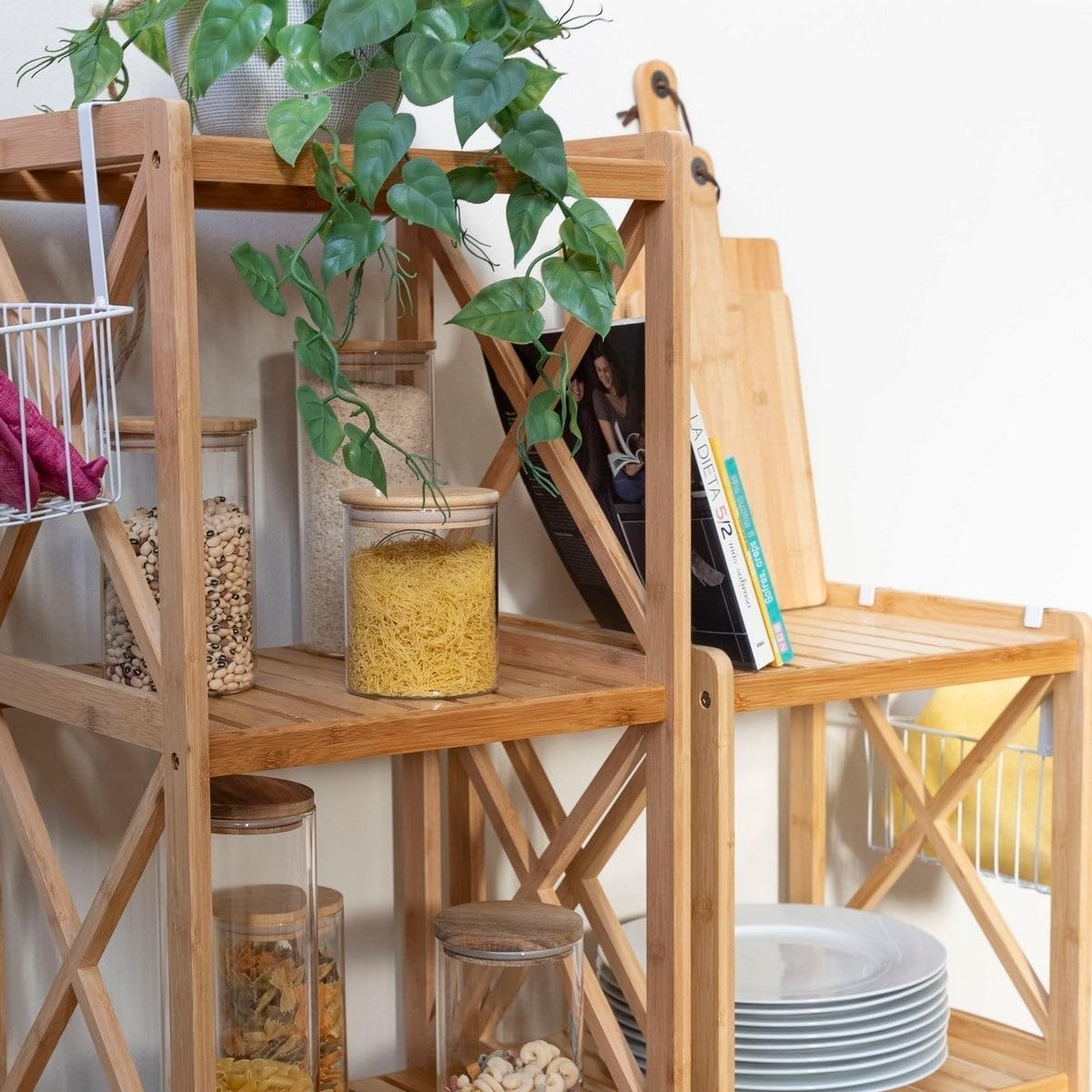 Estantería de pie de bambú natural con 5 baldas alistonadas de 37x33x153 cm | Estante de baño para almacenaje con laterales en cruz decorativos. Resiste 5kg por balda.