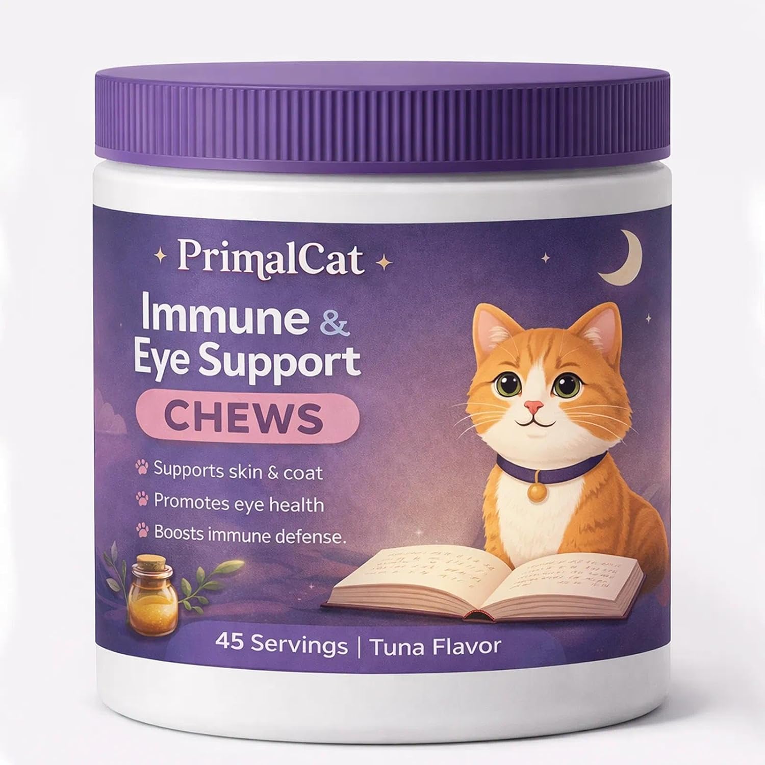 PrimalCat Immune & Eye Support Chews for Cats, Daily Wellness Soft Chews with L-Lysine, Taurine, Beta-Glucan & Colostrum, Supports Healthy Eyes and Immune Function(1pc)