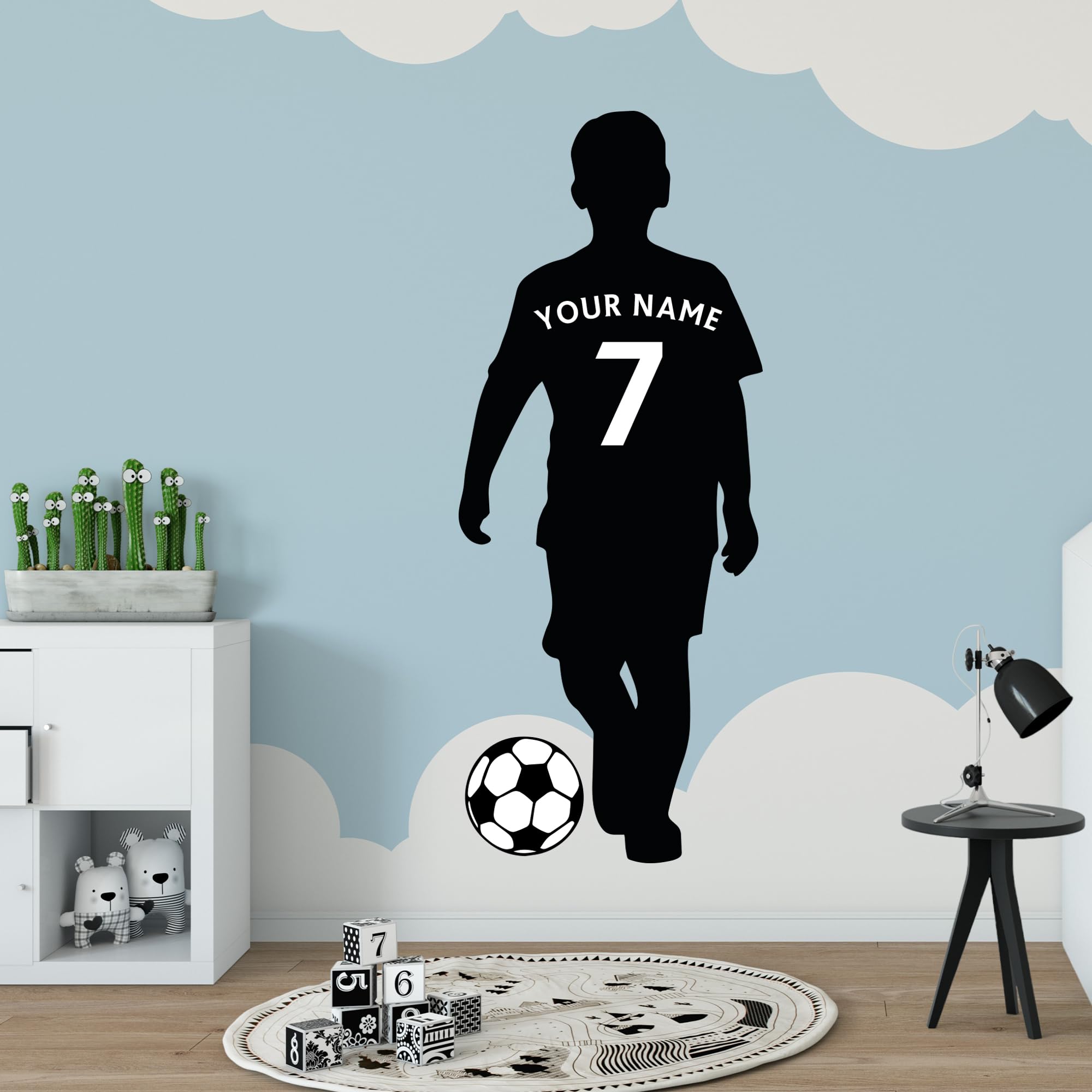 Themed Black Football Player Wall Sticker - Kid Silhouette Personalised Shirt Art Decal (120Cm Height X 50Cm Width)