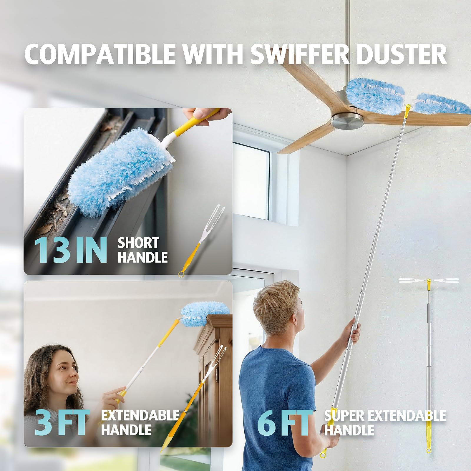 60 recambios de plumero de 360° para plumero Swiffer con 2 manos mejoradas | Plumero desechable multisuperficie de 2 lados de 360°, 4 x microfibras, para limpieza