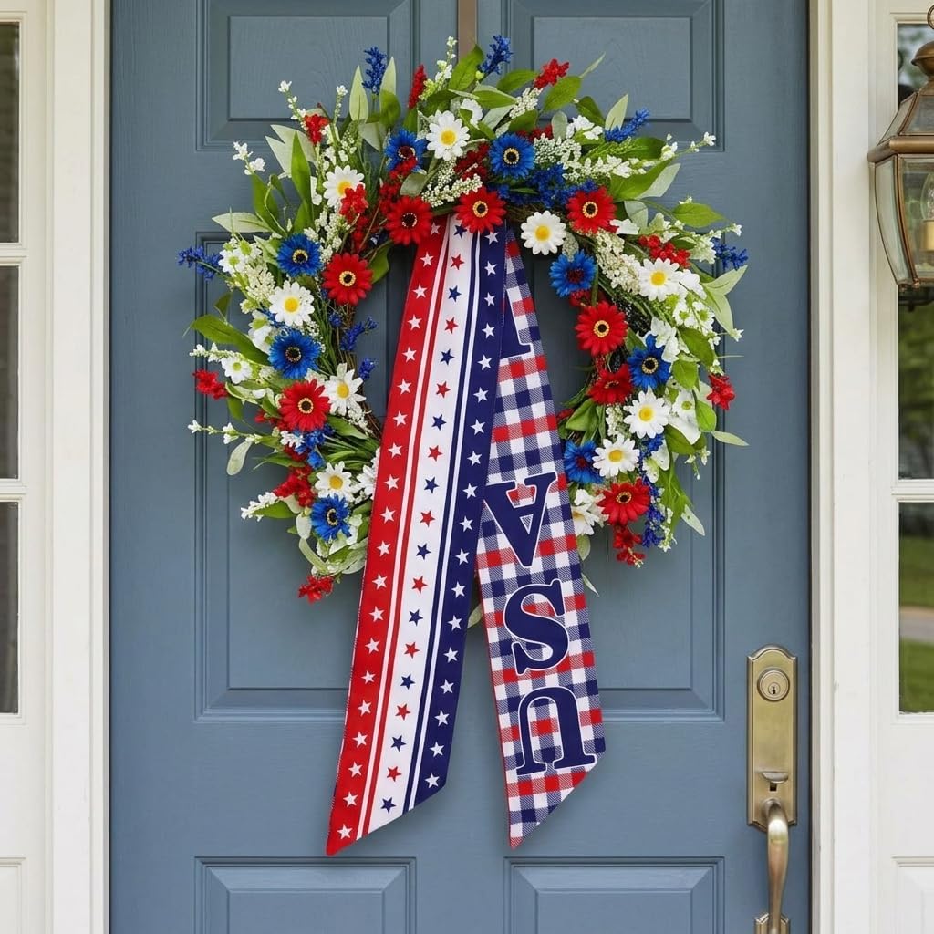 Patriotic Sash for Front Door Wreath, 4th of July Red White Blue Stripe Star Satin Wreath Ribbon, 5 x 52.7 Inch Independence Day Outdoor Indoor Bow Sash for Yard Doorway Home Decor (Blue)