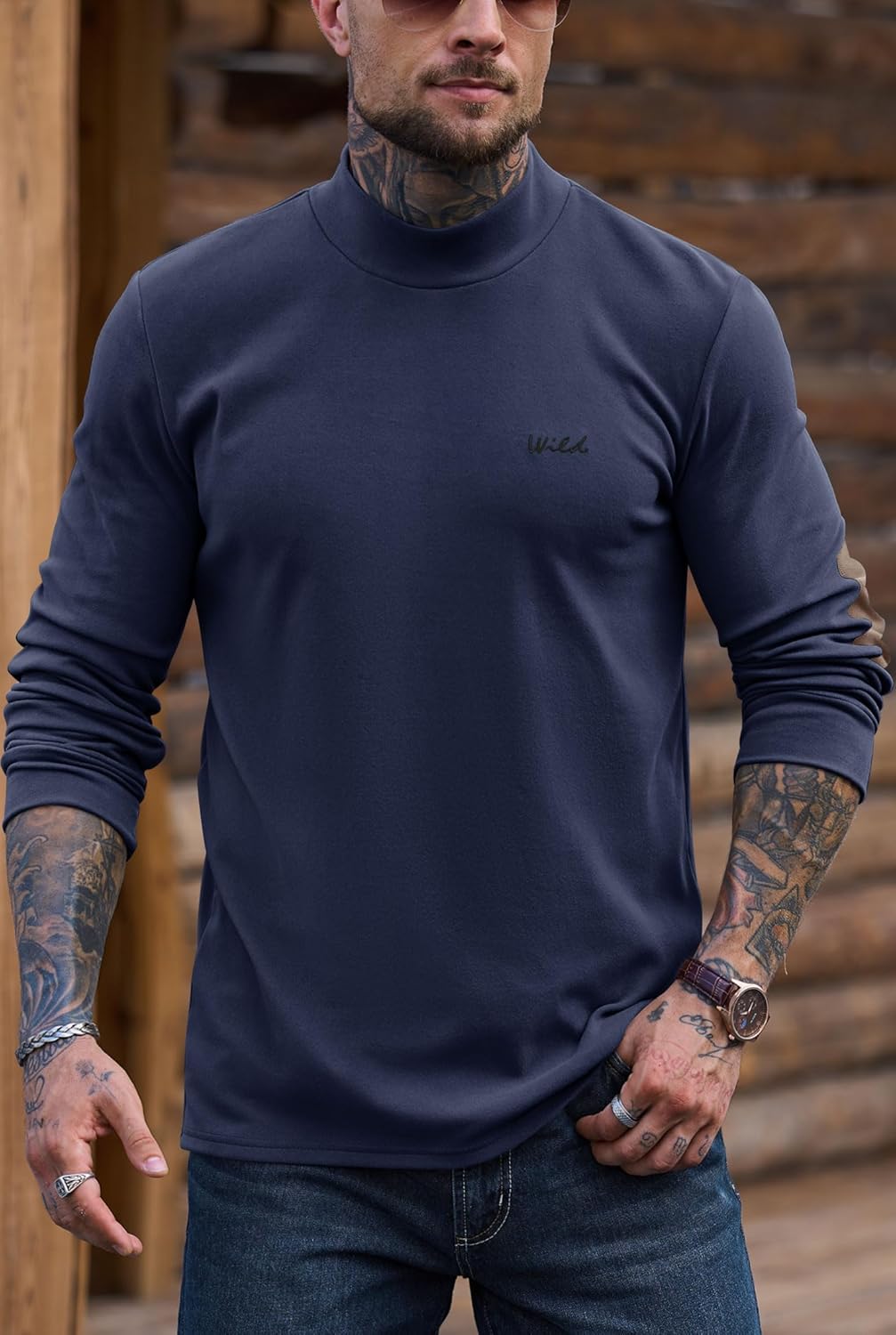 Mens Mock Turtleneck Shirt Thermal Fleece Casual Long Sleeve Base Layer with Elbow ... - Image 2