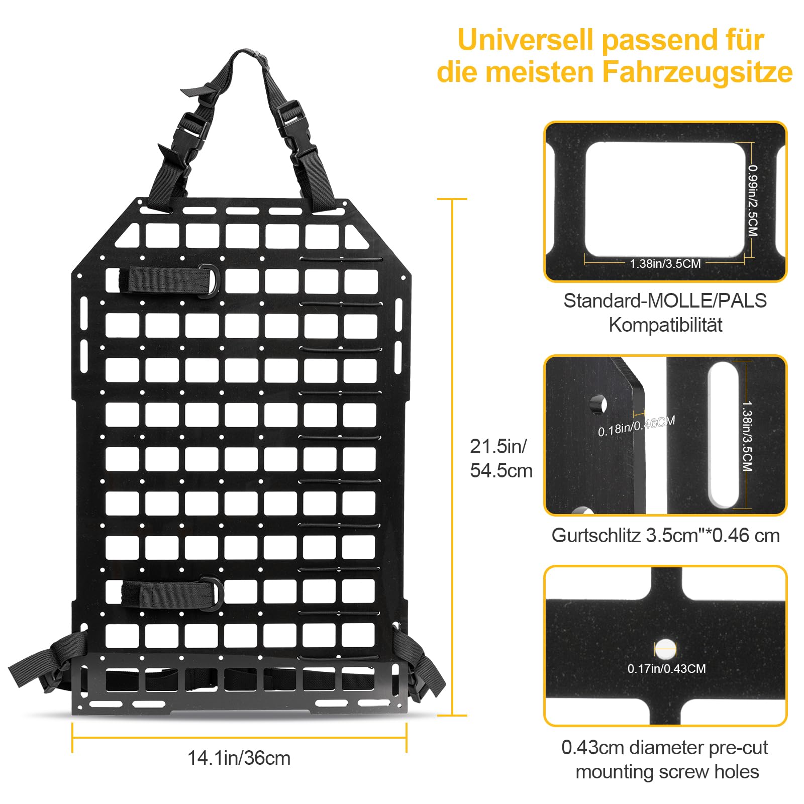 Sistema de panel táctico Molle para coche, protector de asiento trasero, organizador de 54,5 x 36 cm para el almacenamiento modular y visualización de equipos con correas de fijación para