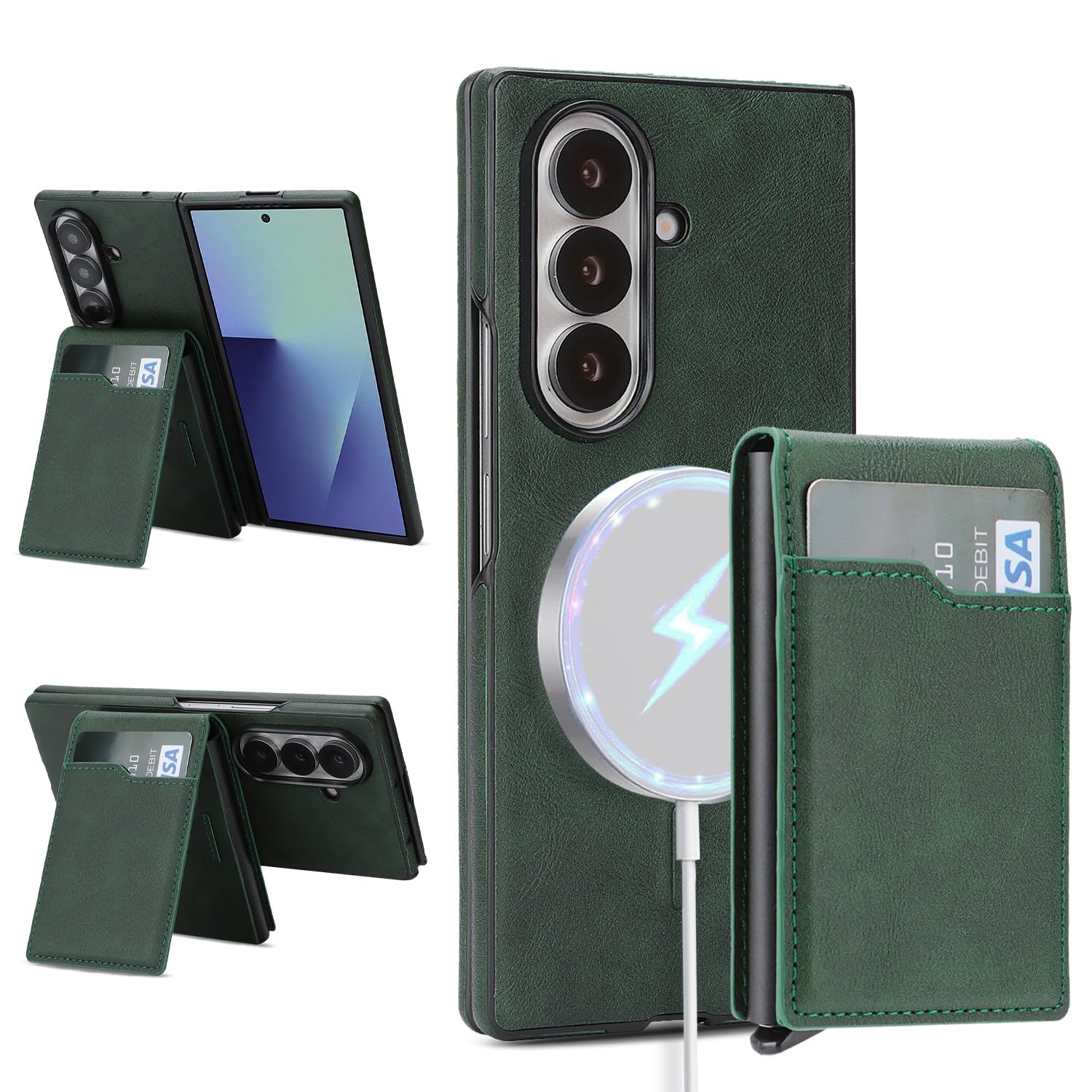 Generic Custodia compatibile con Samsung Galaxy Z Fold 4 (colore: verde) custodia a portafoglio in pelle magnetica premium rimovibile