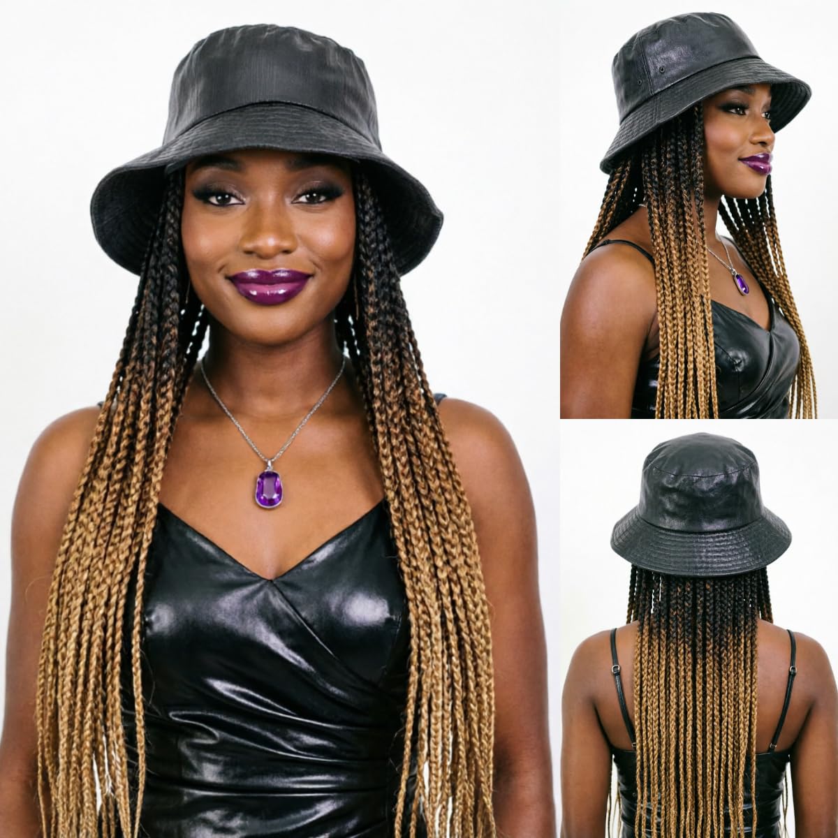 Braided Bucket Hat Wig: Synthetic Box Braiding Hair Extensions, 24inch Long Ombre Braids, Black Brown Light Brown