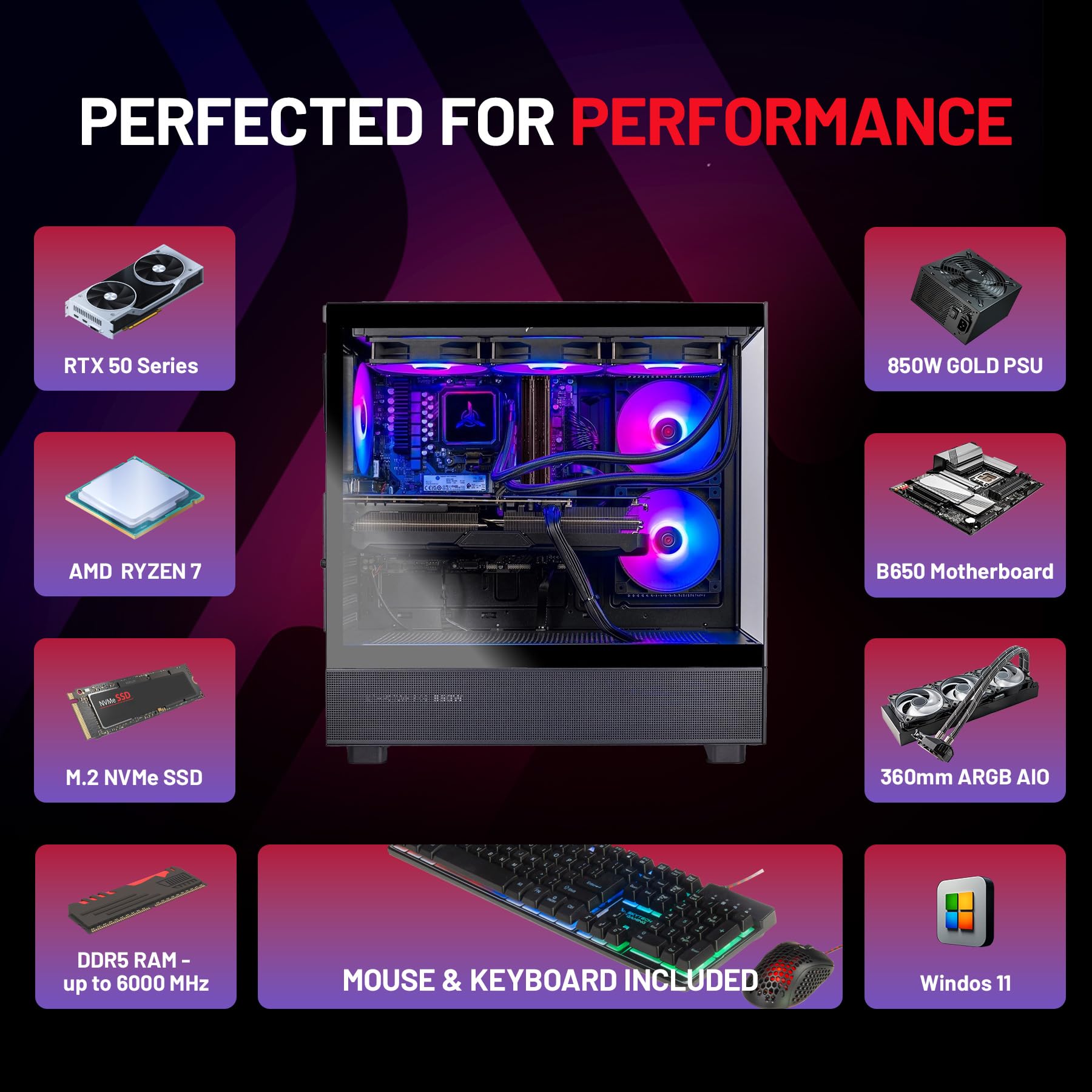 Skytech Gaming Azure 3 Desktop PC, Ryzen 7 7700X 4.5 GHz (5.4GHz), NVIDIA RTX 5070 12GB, 1TB Gen4 NVMe SSD, 32GB DDR5 RAM 6000 RGB, 850W Gold ATX 3 PSU, 360mm ARGB AIO, Wi-Fi, Win 11