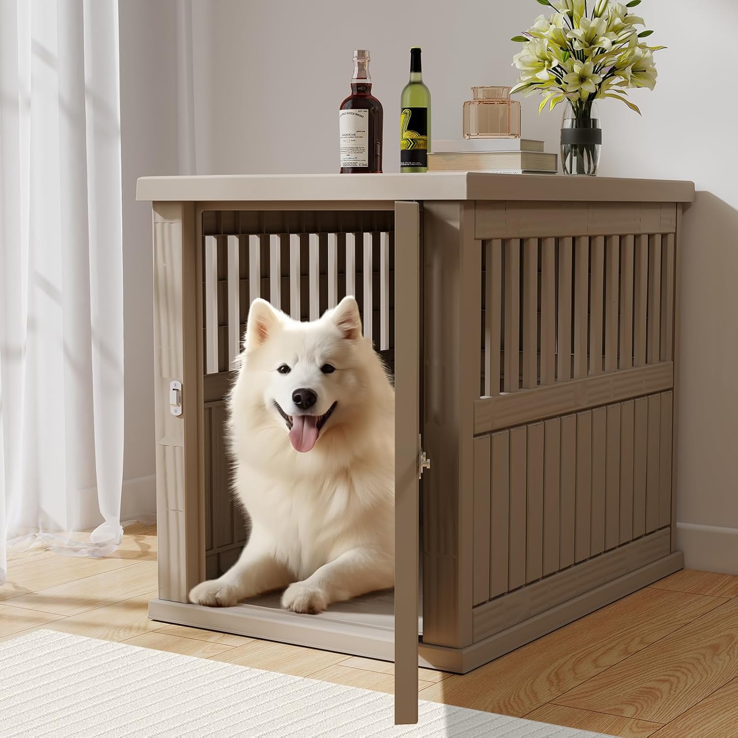 Rovibek 29.65" L x 21.34" W x 25.28" H, Wooden Dog Cage Furniture with Window and Adjustable Dogs Bowls 360° Rotatable, Heavy Duty Small/Medium Kennel Indoor as End Table, Brown