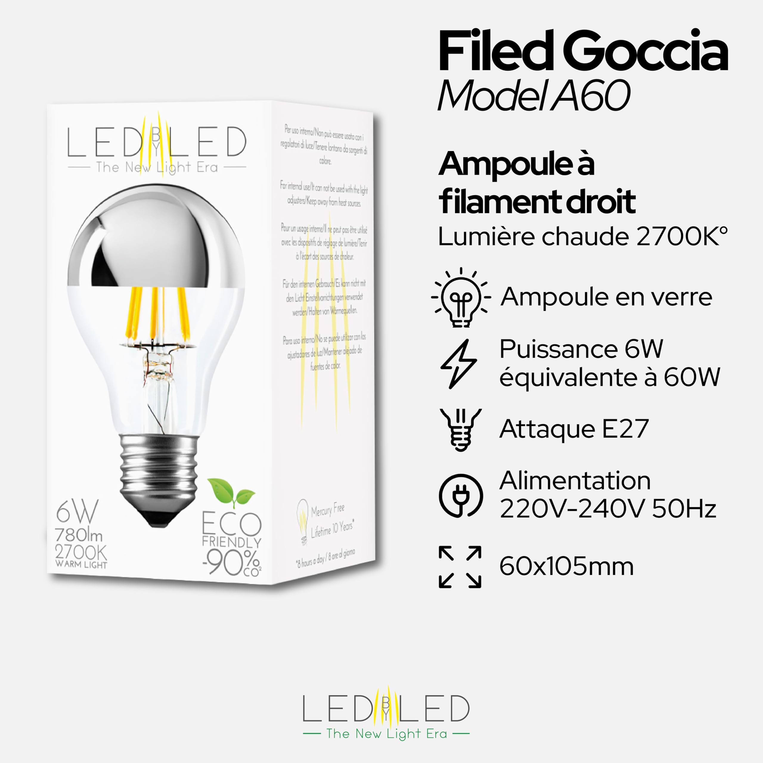 Ampoule goutte miroir 6W Équivalent à 60W, E27, verre miroir transparent argenté, 2700K lumière chaude, filament LED droit, 780 lumens, lot de 10 pièces
