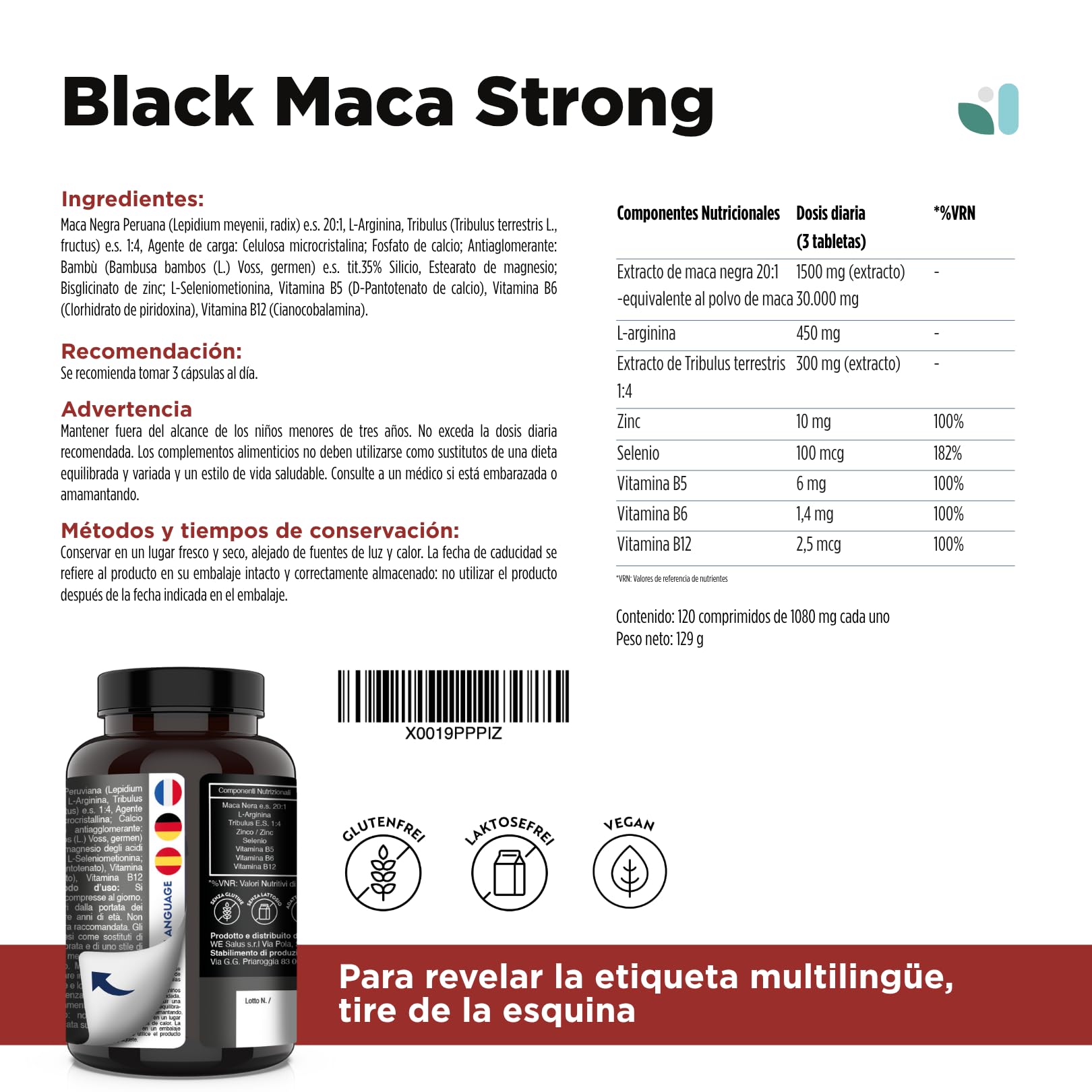 Maca Negra Andina pura 30.000mg 20:1 + Tribulus + Arginina + Zinc | Dosis Alta | Potencia Energía y Vitalidad | Mejora Rendimiento, Memoria y Ánimo | 120 Comprimidos de Alta Potencia
