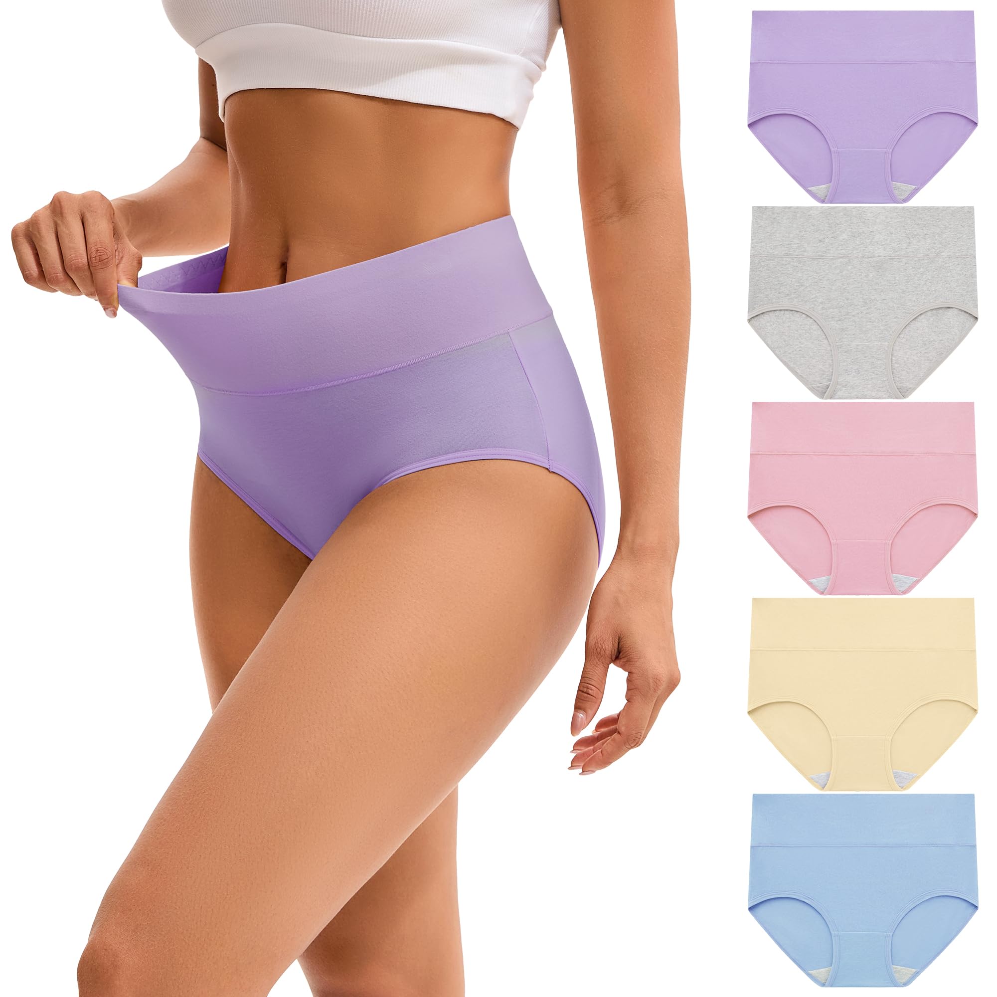 Women's High Waisted Underwear Cotton Panties Regular & Plus Size 5-Pack