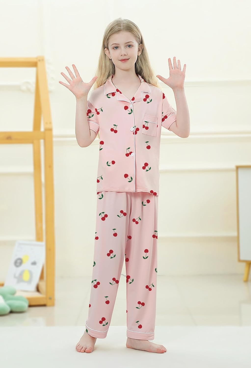 Umeyda Girls Pajamas Set Button Down Notch Collar Soft Short Sleeve Pjs Set with Long Pant Set Lounge Set - Image 2