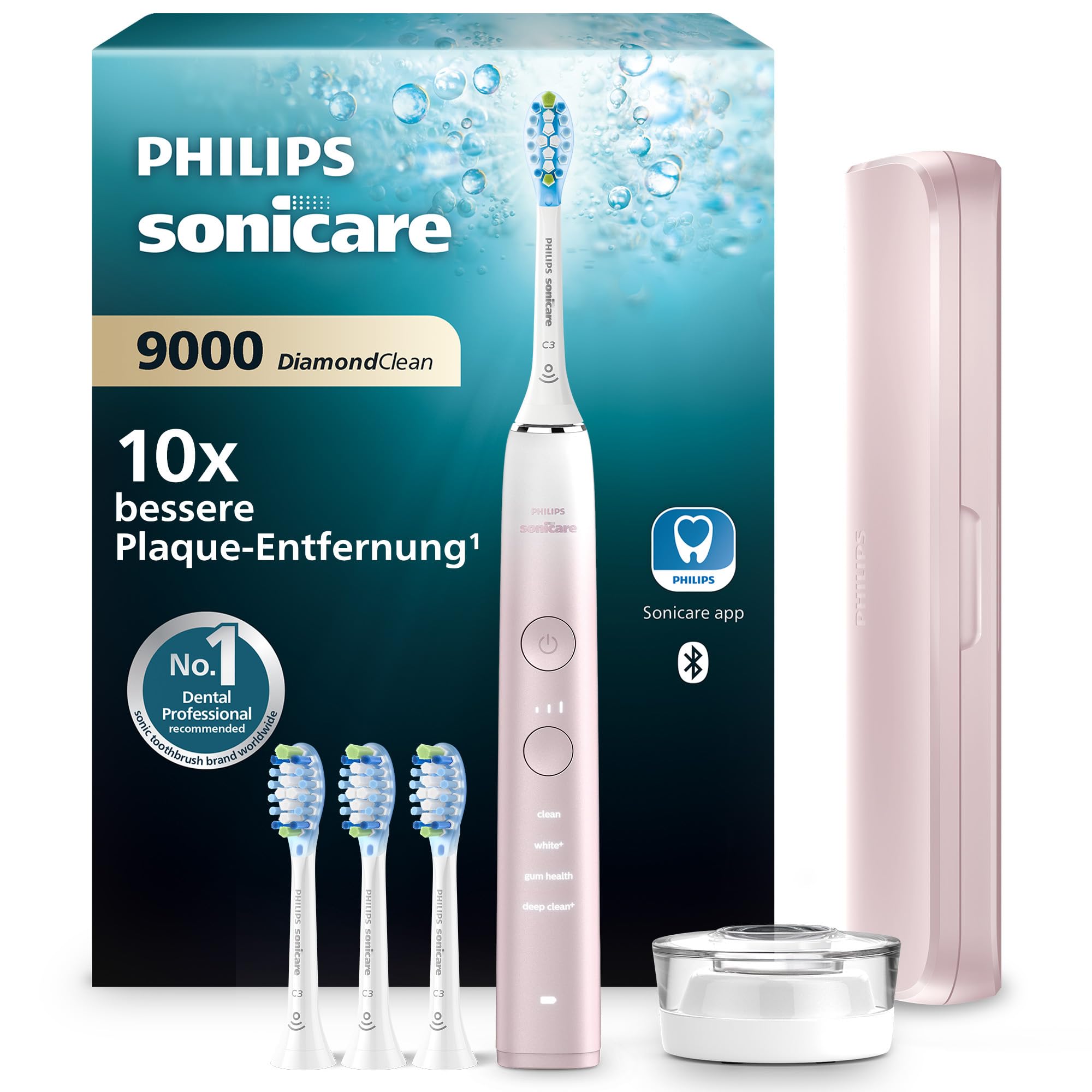 Philips Sonicare DiamondClean 9000 elektrische Zahnbürste, Sonderedition – Schallzahnbürste, sauberere Zähne, 4x C3 Premium Plaque Defense-Bürstenköpfen, pink (Modell HX9911/79)