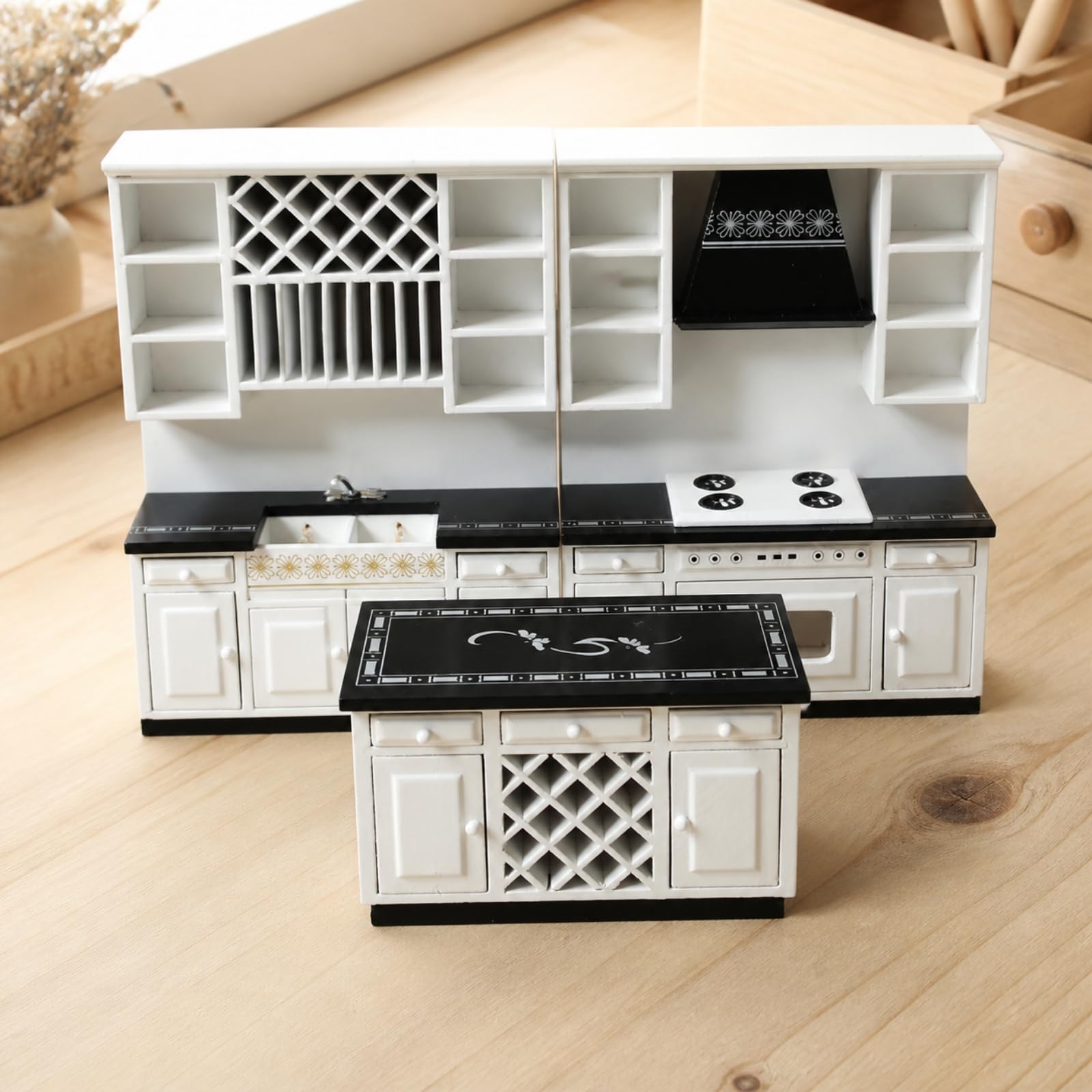 Amagogo 3 Stück 1:12 Miniatur-Küchenmöbel aus Birken modern dekoratives Puppenhaus-Küchenmodell kompakt Miniaturmöbel für Kreative Ausstellungen