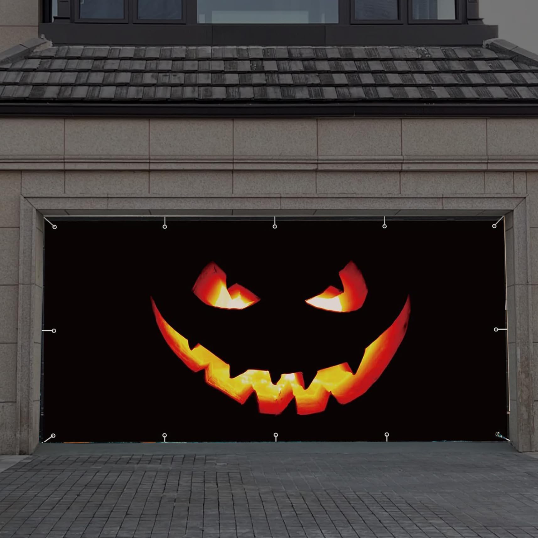 Ameble Halloween Garage Door Banner 7x16ft Pumpkin Face Garage Door Cover with 33ft Rope Spooky Scary Festive Halloween Decorations