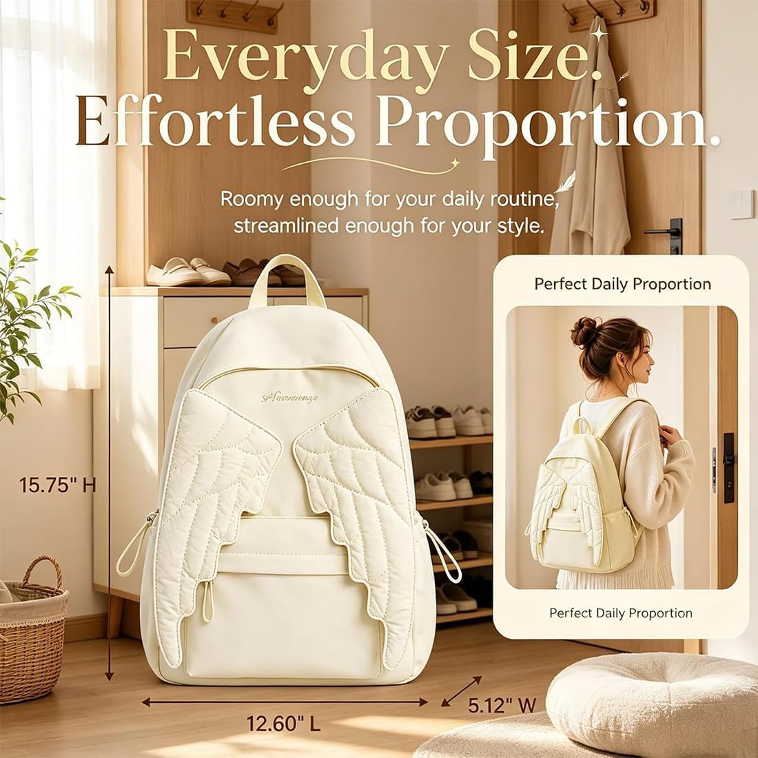 Generisch Rucksack Damen, Schulrucksack Teenager Mädchen, Ergonomischer, Bequemer Schultergurt, Flügeldekoration, Praktischer Nylon Tagesrucksack für den Täglichen Gebrauch (Blau)