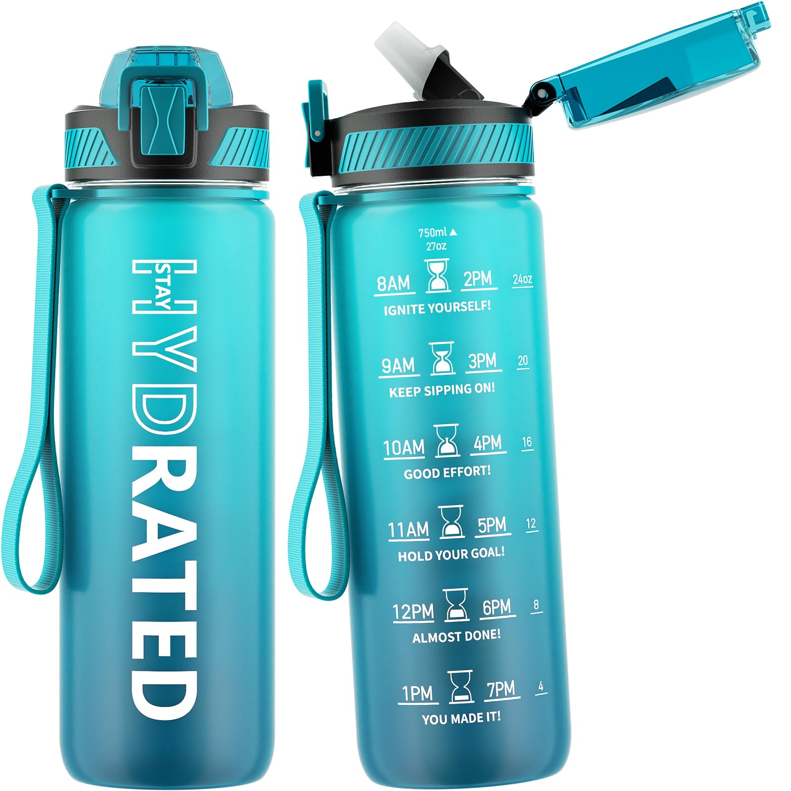 QLUR Water Bottle with Straw, 27oz Motivational Water Bottles with Time Marker to Drink, Tritan BPA Free, 750ml Sports Water Bottle with Carry Strap