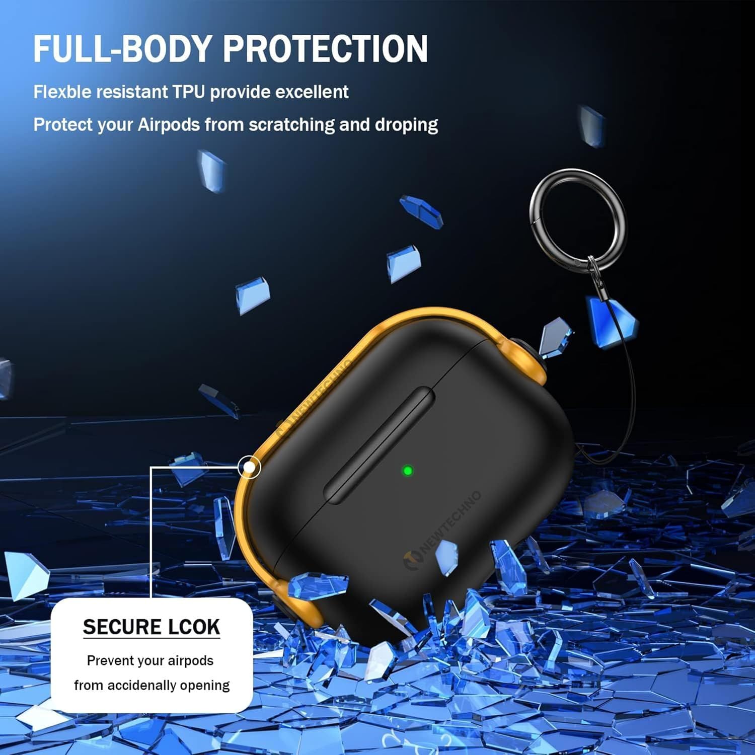 NEWTECHNO Antilost Lid Case Cover Shell for Airpods pro 3 (2025)| Full Protection Case Cover with Lanyard Compatible for Airpods Pro 3rd Generation with carabaner, Secure Lock Design Black-Yellow — Amazon image 4