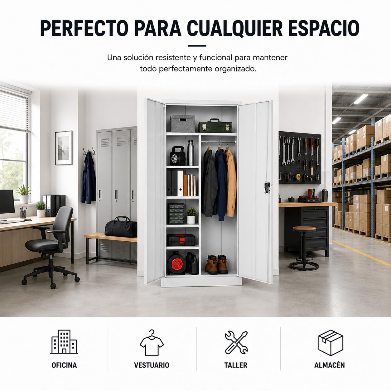 Armario Metálico Gris con Cerradura – Armario de Almacenamiento Multiusos con Puertas Dobles, Gran Capacidad y Diseño Resistente para Oficina, Hogar y Archivo (Gris, con Barra)