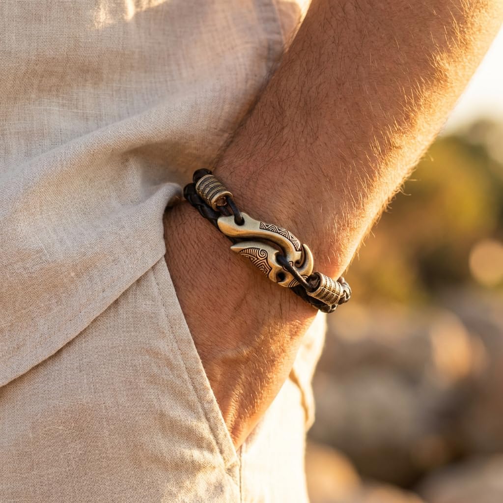 Ocean Bracelet Maori Armband with Fishing Hook Hei Matau for Men Women Polynesian Nautical Surfer Beach Jewelry Gift for Him and Her