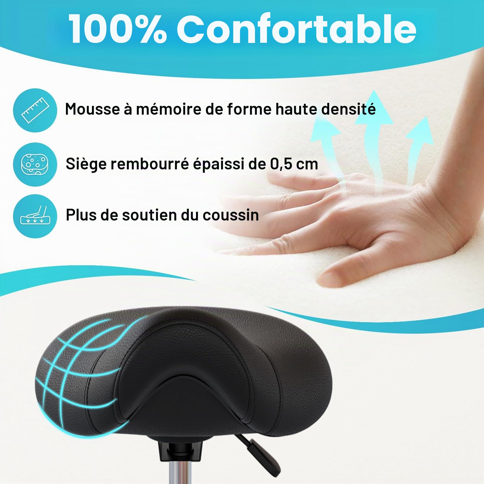 Tabouret ergonomique - Chaise confortable avec un large coussin de selle pivotant et réglable avec roulettes et pédale à anneau pour médecine, massage, salon, bureau et maison (noir)