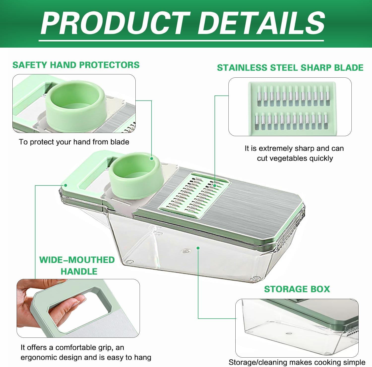 Mandolin Slicer For Kitchen Food，Hand Safe Veggie Chopper with Container and Lid, Dicer, Slicer,3 Mandoline Blades Vegetable Cutter For Onion，Potato，Carrot，Essential Kitchen Gadgets-(6 in 1, Green)，