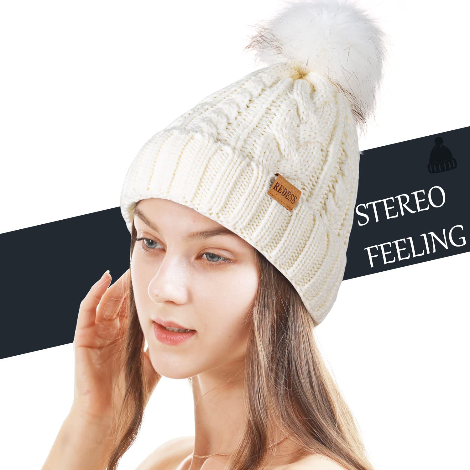 REDESS Cappello Invernale da Donna con Pom Pom Beanie Caldo Foderato in Pile Spesso Slouchy Snow Knit Chunky Baggy Skull Berretto da Sci