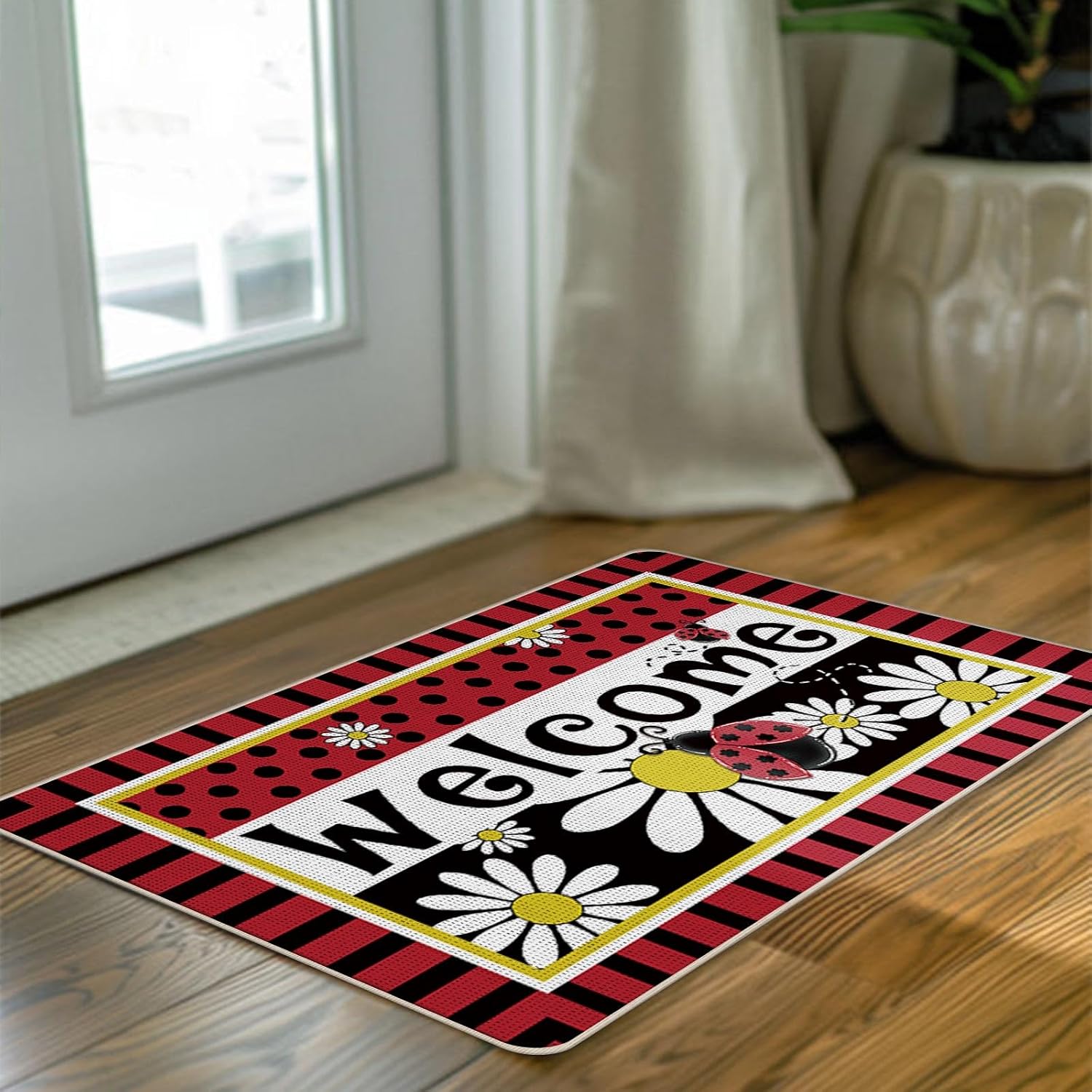 Daisy Flower Ladybug Welcome Front Door Mat, Spring Summer Floral Decorative Doormat Non-Slip Floor Entryway Rug, Red Black Polka Dots Low Profile Indoor Outdoor Home Kitchen Decor 17'' x 29''
