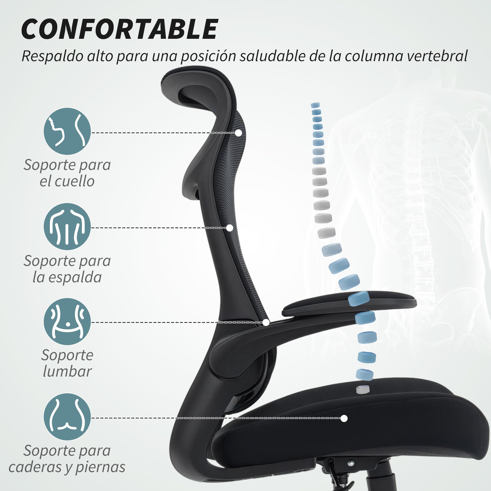 HOMCOM Silla de Oficina Ergonómica Giratoria con Soporte Lumbar Negro | Reposabrazos 3D Abatibles, Silla de Escritorio de Malla Transpirable, Reposacabezas Integrado, Basculante, Altura Ajustable