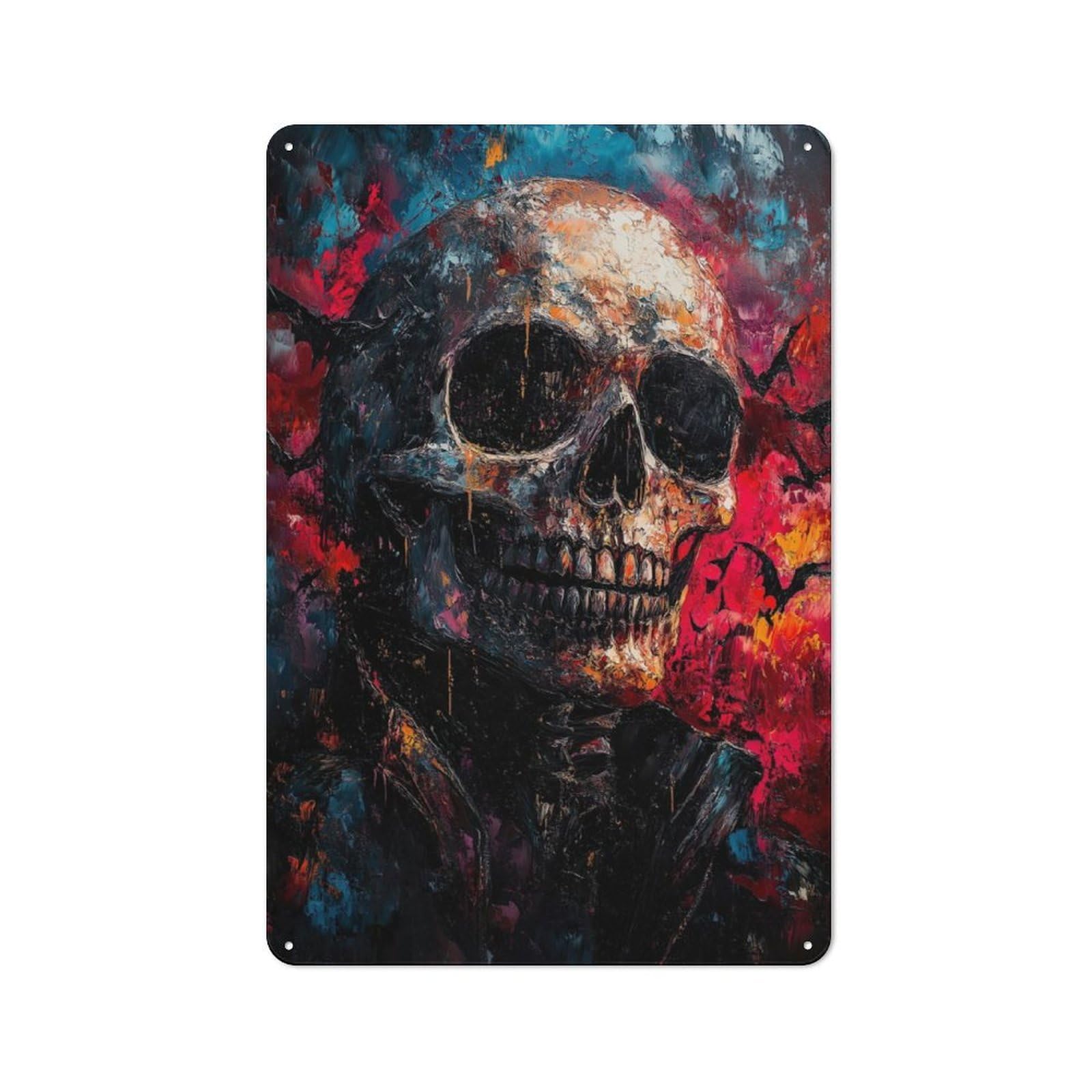 Junmoney Skull In Bats Painting Metal Wall Sign 30X20cm, Rustic Decor For Hallway Wall, For Metal Sign Collectors, For Garage And Workshop Walls