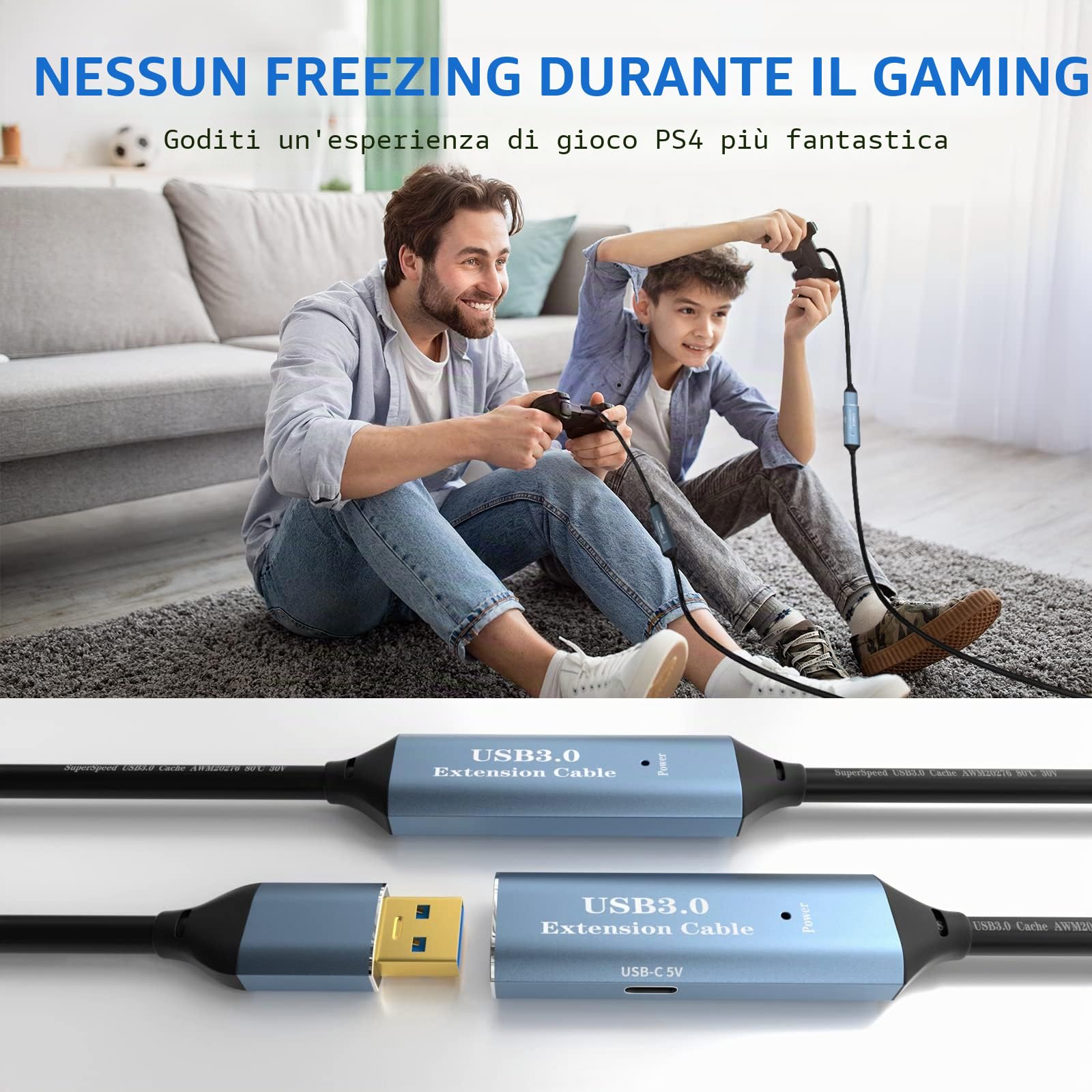Cavo di prolunga USB 3.0 15 m, tipo A maschio a femmina, attivo con 2 chipset, amplificatore di segnale e 1 porta di ricarica USB-C, per webcam, stampante, fotocamera