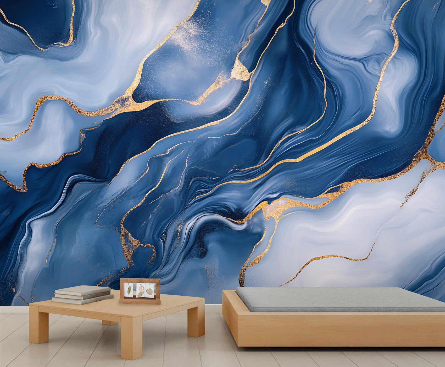 Blue Gold Marble Wall Mural 400x280cm European Style Mural Modern Abstract Wallpaper for Living Room Bedroom Marble Wall Decor (Not Peel n' Stick)