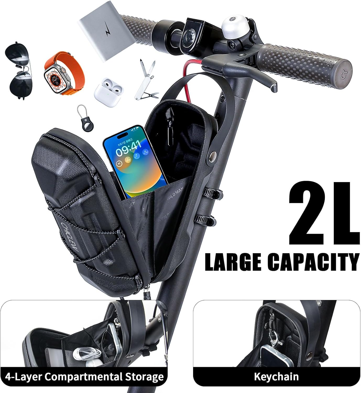 CHICLEW Electric Scooter Bag Storage, Waterproof Scooter Storage Bag with Multicolor Drawstrings, 2L Capacity Scooters Handlebar Bag, Compatible with Scooters, Bikes, Segway Ninebot and NIU