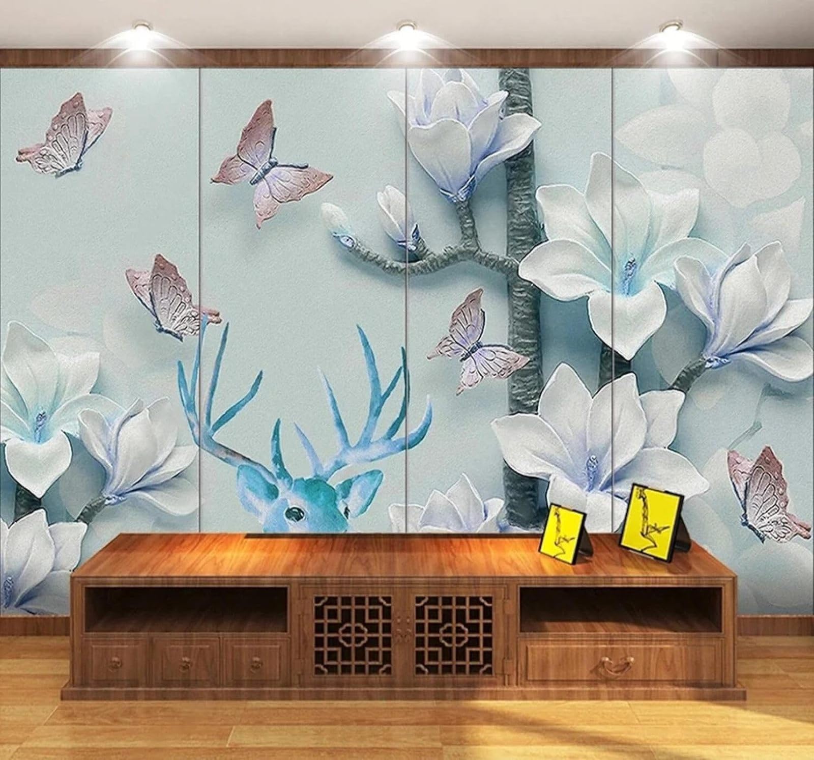 Xlming 250Cm×170Cm(B×H) Relief Three Dimensional Magnolia Butterfly Elk 3D Wallpaper Luxury Silk Study Dining Feature Sofa Grey Bedroom Living Room Tv Decorative Wall-250Cm×170Cm