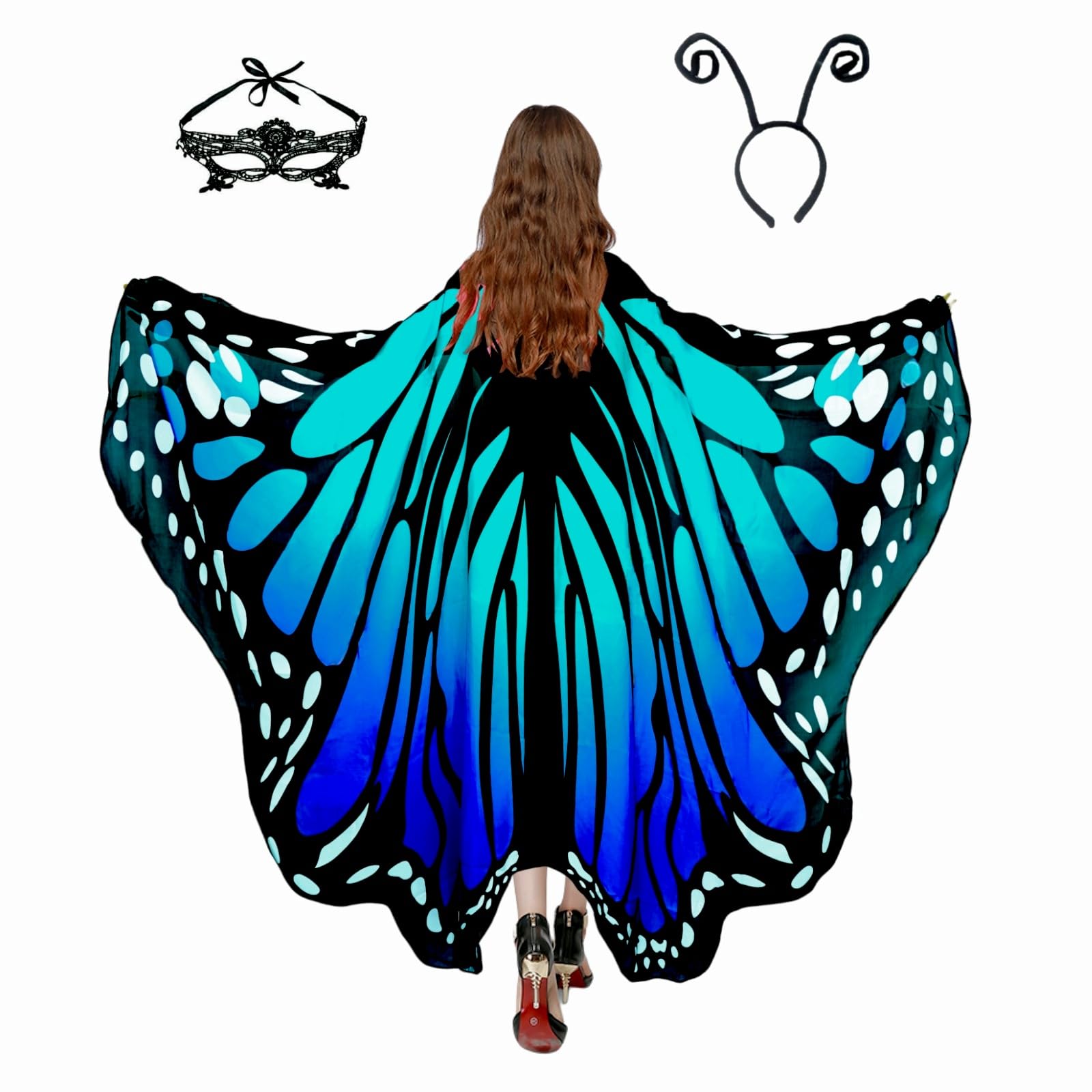 Sunlisky Adult Butterfly Costume Women Monarch Butterfly Wings Cape Shawl Halloween 3Pcs Mask Headband