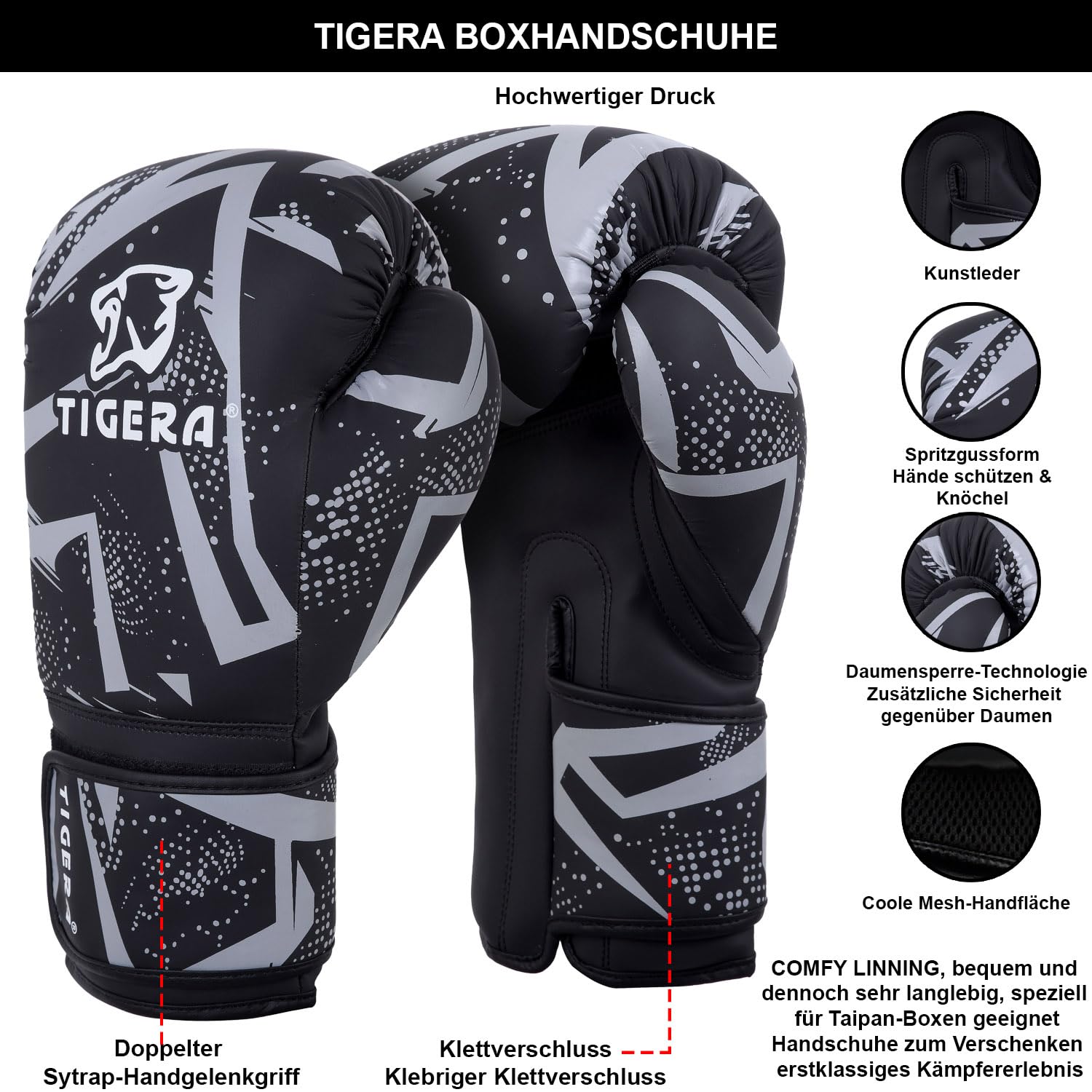 TIGERA Boxing Gloves 16 oz, Grey (Training, Faux Leather) for Boxing MMA, Muay Thai, Sparring, Gym Fitness Workouts, Adults - Image 2