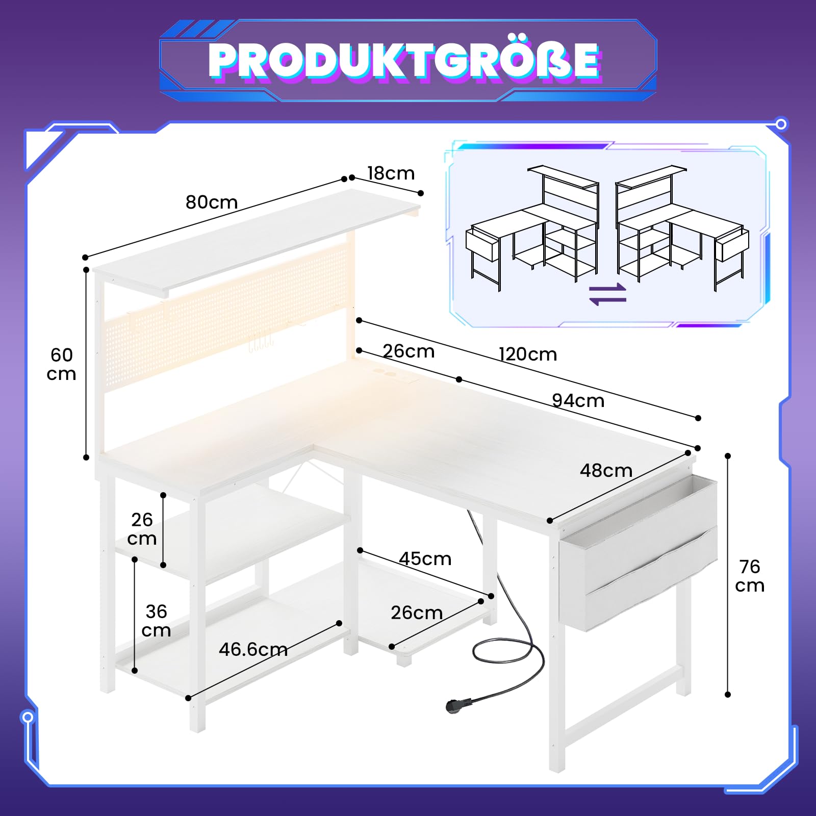 YOUDENOVA Scrivania Gaming a Forma di L, Tavolo Gaming con LED, Presa e USB, Scrivania ad Angolo Reversibile con Ripiano, 120x80cm Tavolo Computer con Portaoggetti per Home Office e Gamer, Bianco
