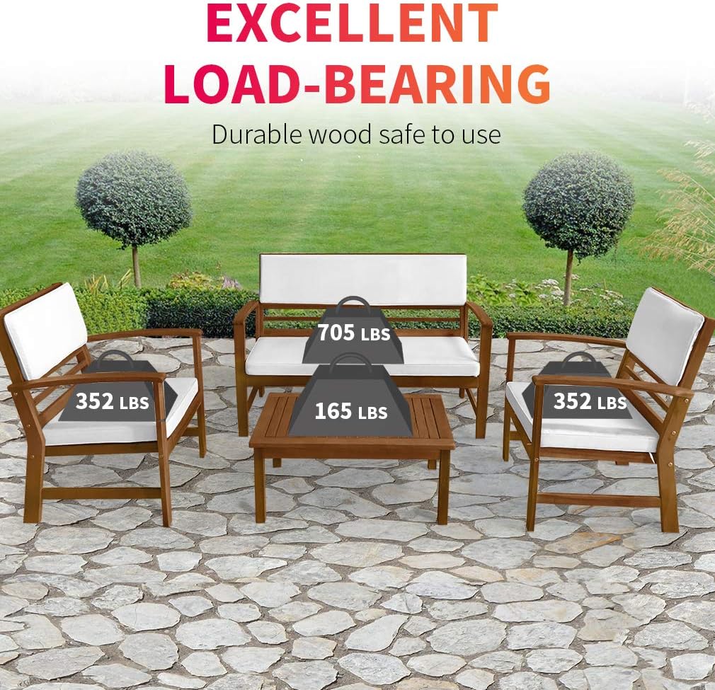 4-Piece Acacia Wood Outdoor Seating Set with White Cushions
