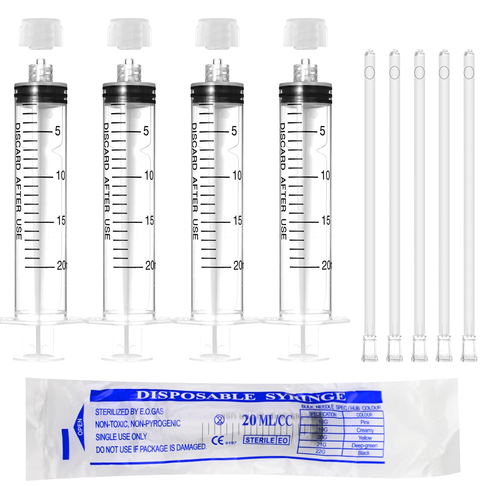 20ml Luer Lock Syringe with Cap and Soft Plastic Tube, Pack of 30