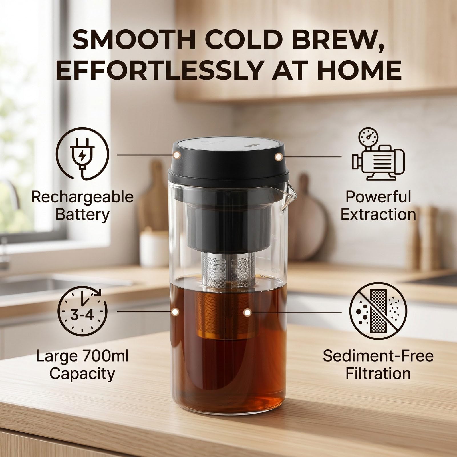 Fockety Caraffa per caffè Cold Brew, Infusore Elettrico Ricaricabile per tè, 700 Ml con Coperchio Ermetico Antigoccia e Filtro in Acciaio Inox for Casa e Ufficio (Black)