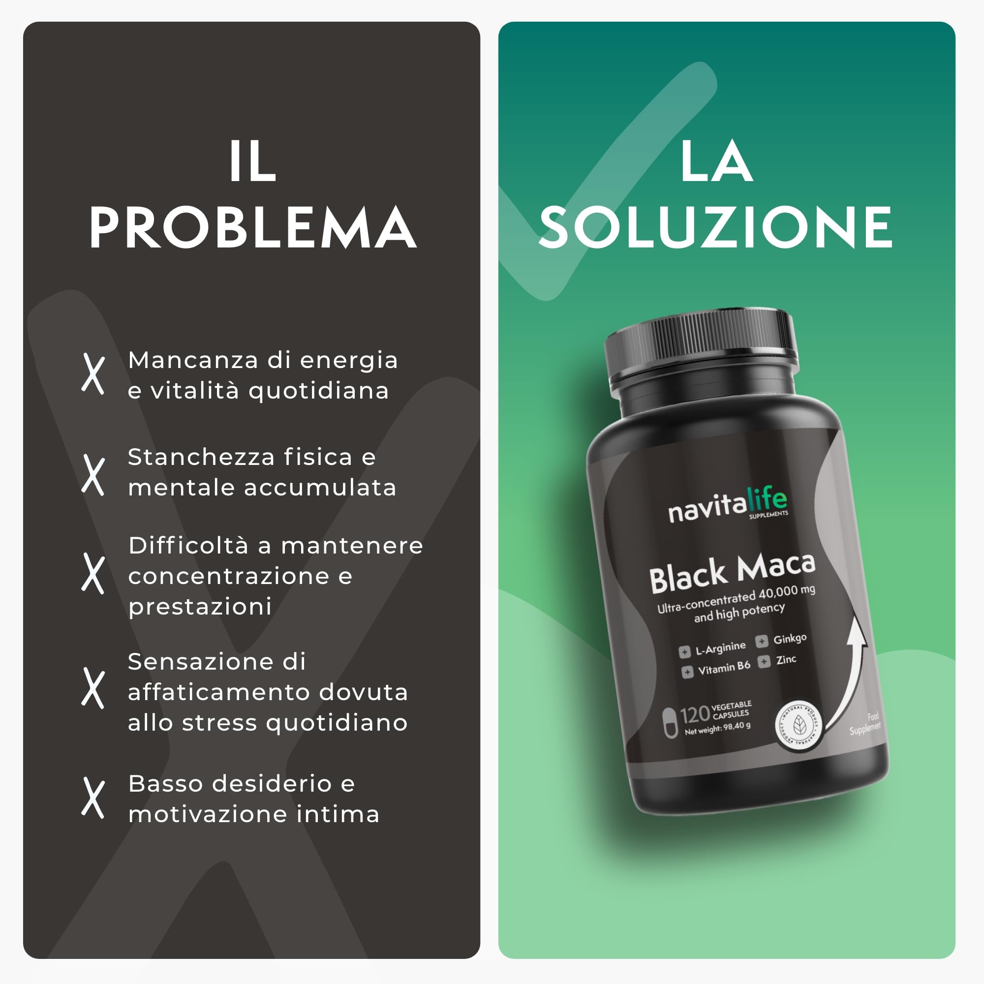 Maca Nera Peruviana Andina 40.000 mg (Estratto 25:1) | 120 Capsule per 4 Mesi | Alta Purezza | Con L-Arginina, Zinco, Ginkgo Biloba e Vitamina B6 | Energia, Vitalità e Performance | NavitaLife