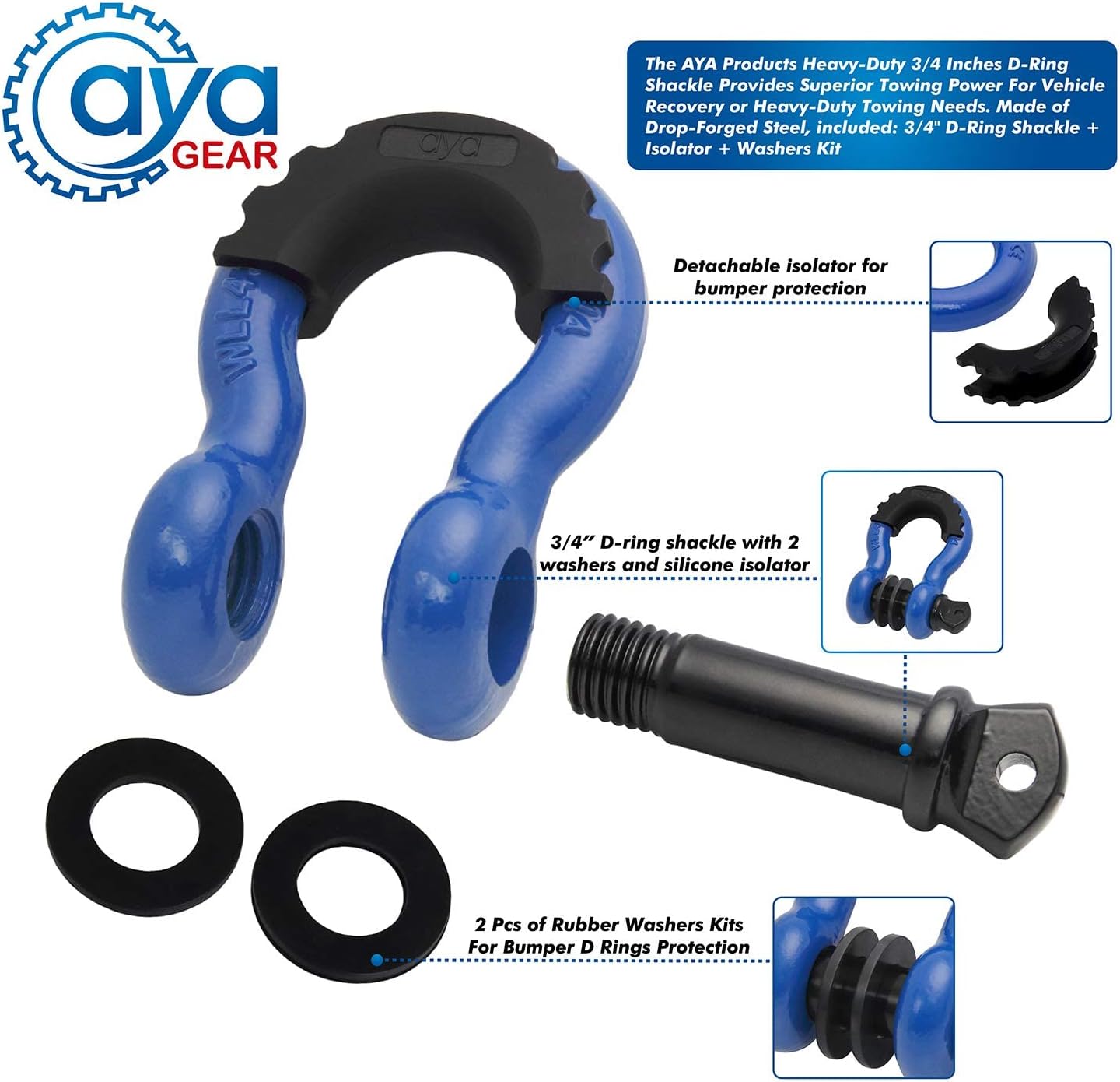 D Ring Shackle (2 Pack) 62,700 Ibs Break Strength with 7/8" Screw Pin and Shackle Isolator & Washers Kit for Tow Strap Winch, Off Road Vehicle Recovery Jeep Truck - Image 2