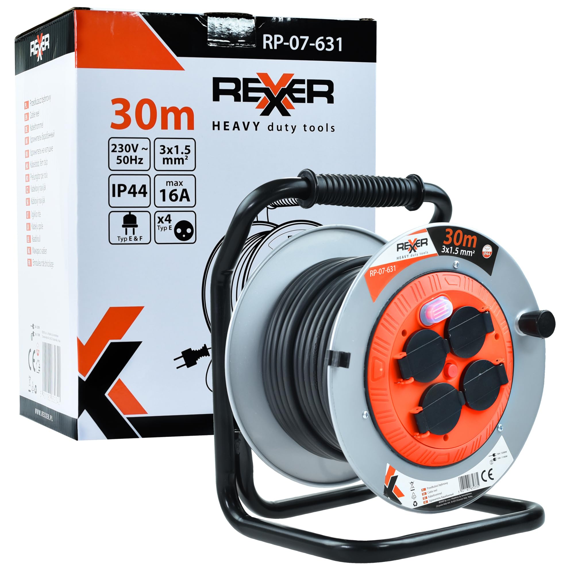 Rexxer Kabeltrommel 30m Metall IP44 für Außenbereich 4 Steckdosen Typ E Verlängerungskabel 3x1,5 mm² mit Erdung Baustelle Garten