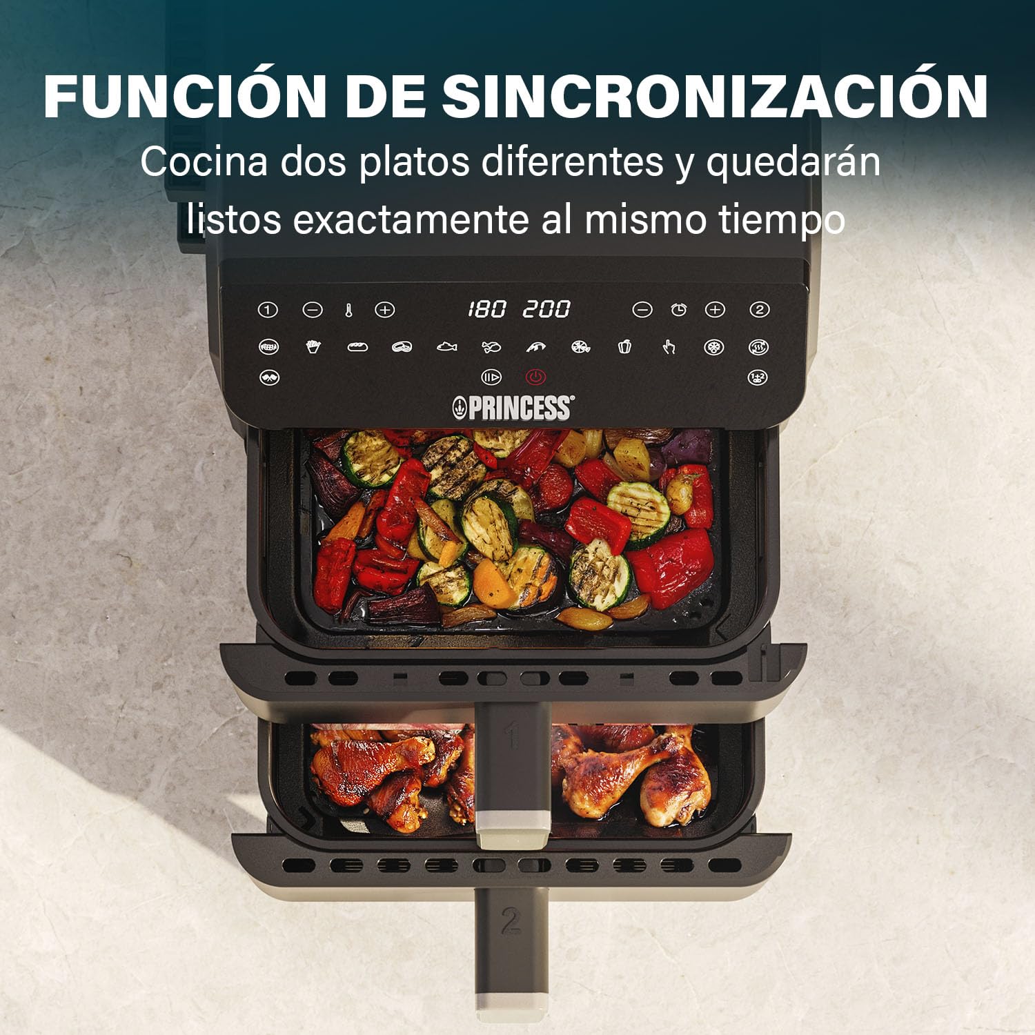 Princess Stack Freidora de Aire, Doble Freidora, 11,2 L, 3000 W, Diseño Vertical, Función Sincronizada, Revestimiento sin PFAS, Negro, 01.182278.01.001
